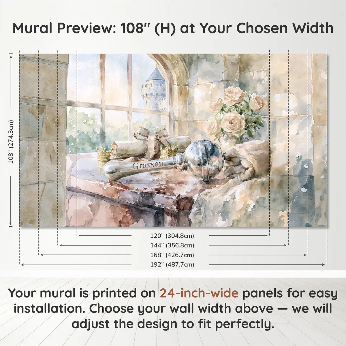 Panel layout and dimensions for Royal Christening Keepsake Personalized Wall Mural by Whimsy Tots