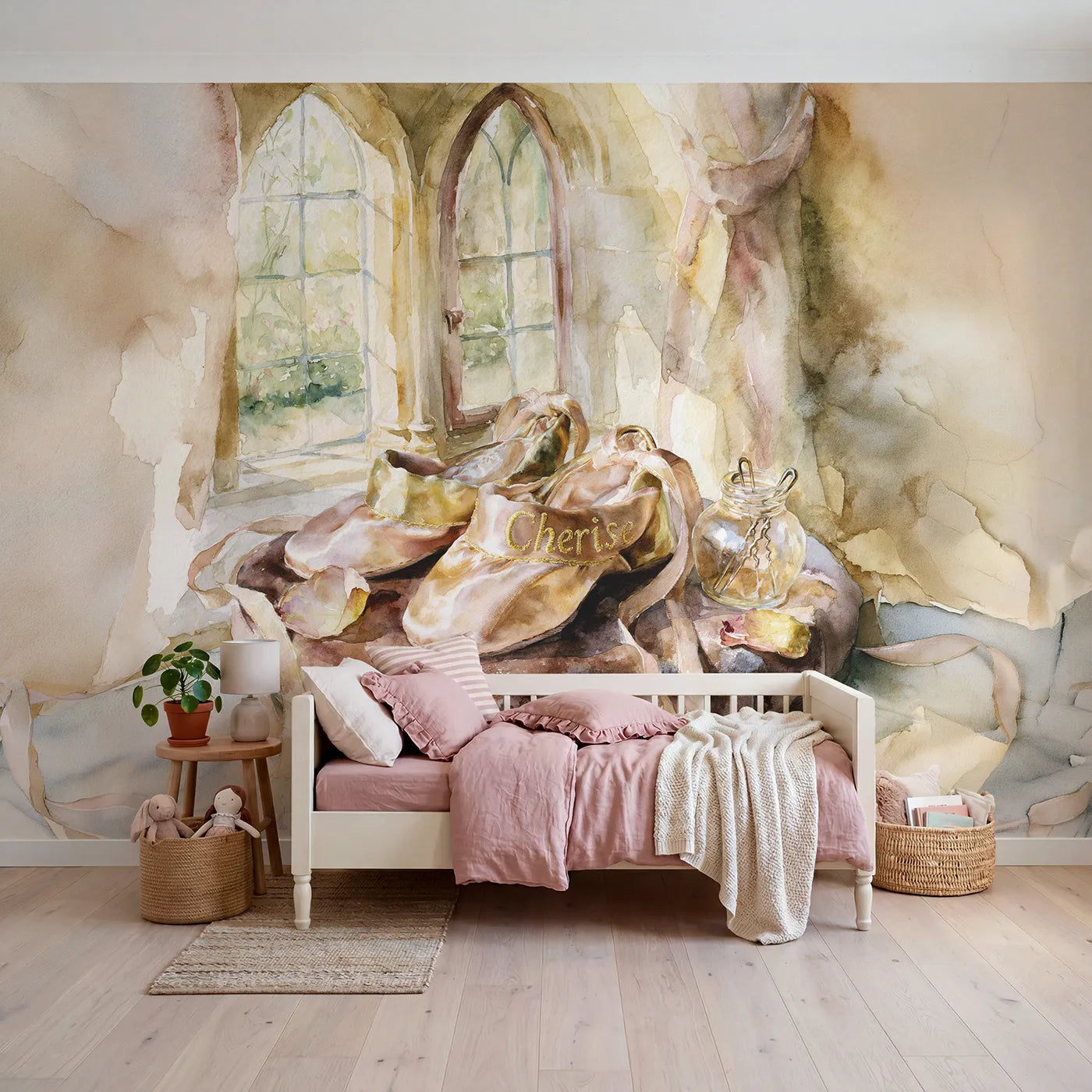 Watercolor princess satin slippers personalized wall mural with gold embroidered cuff by Whimsy Tots