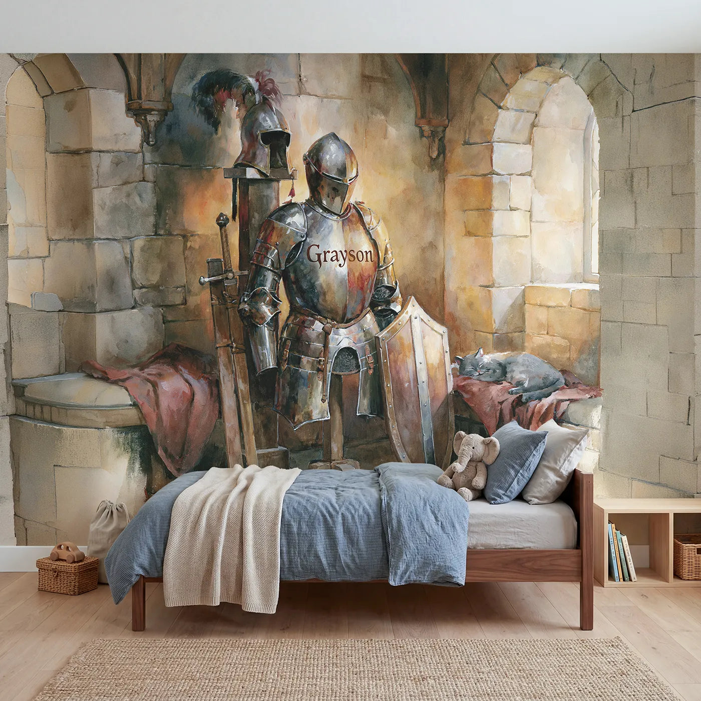 Watercolor knight armour breastplate personalized wall mural with engraved name by Whimsy Tots