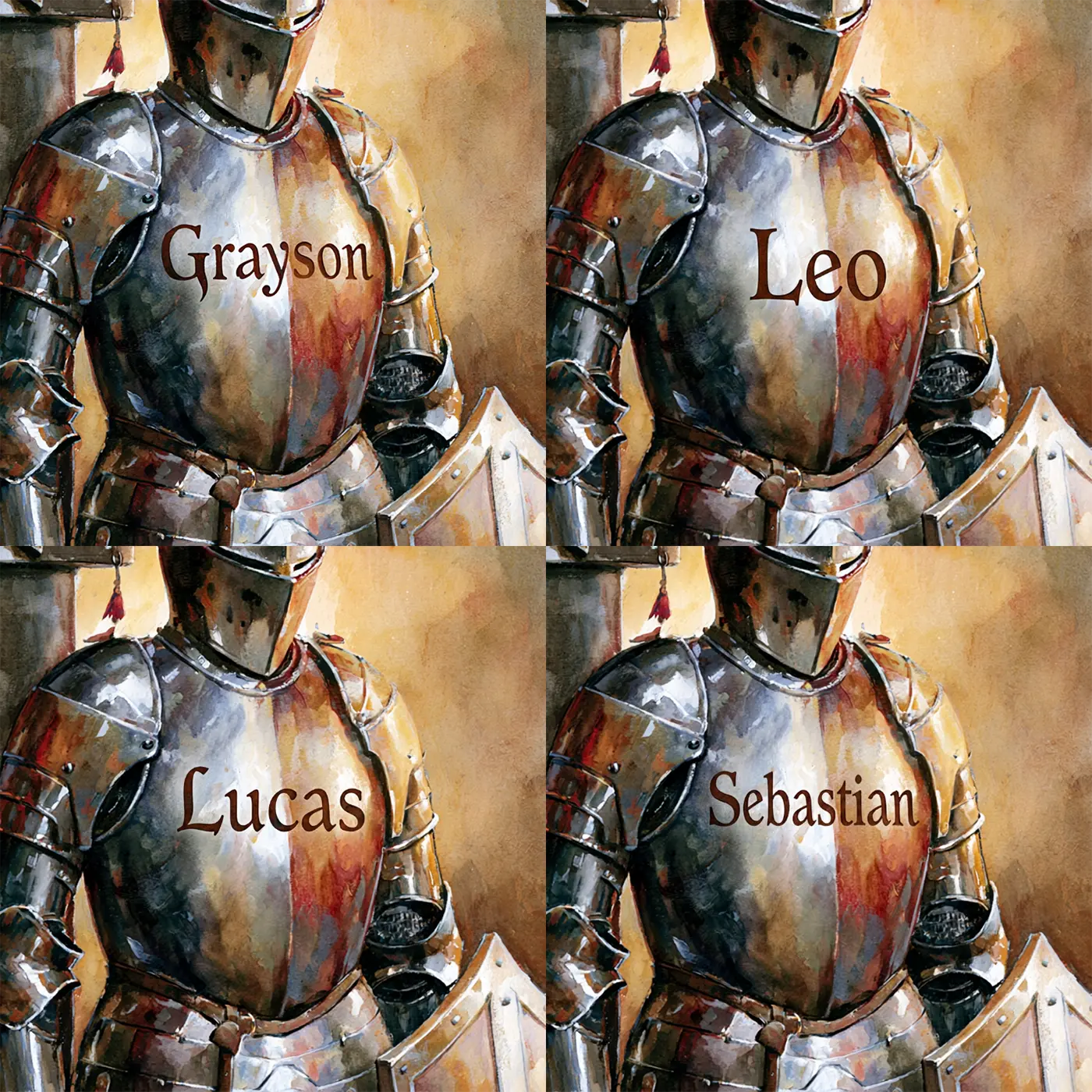 Four name preview examples of Knight Armour Breastplate Personalized Wall Mural by Whimsy Tots