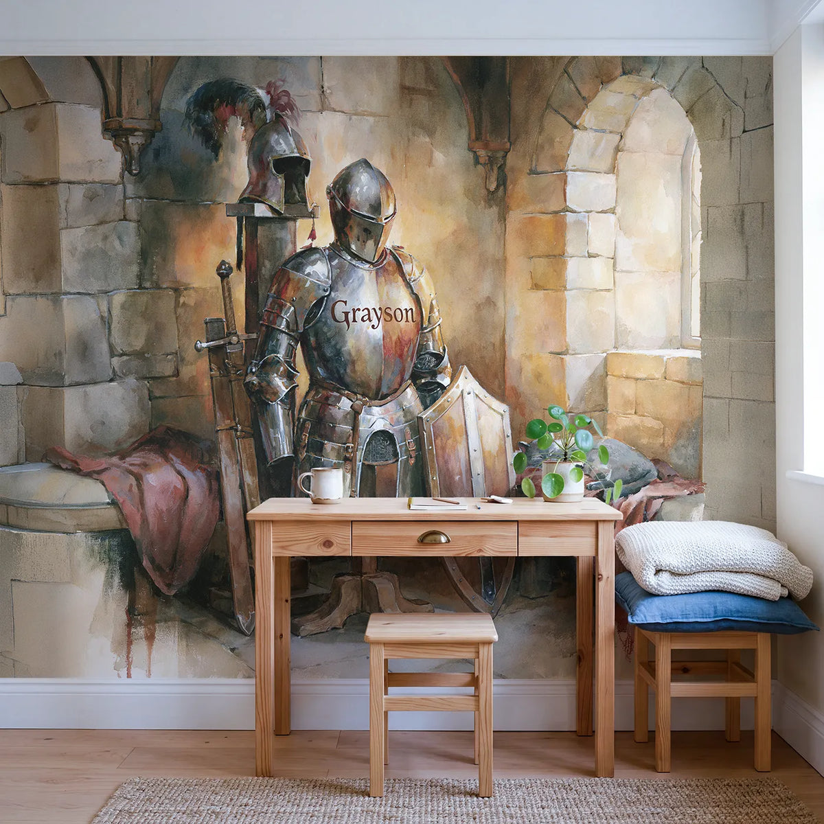 Knight Armour Breastplate Personalized Wall Mural in playroom setting by Whimsy Tots
