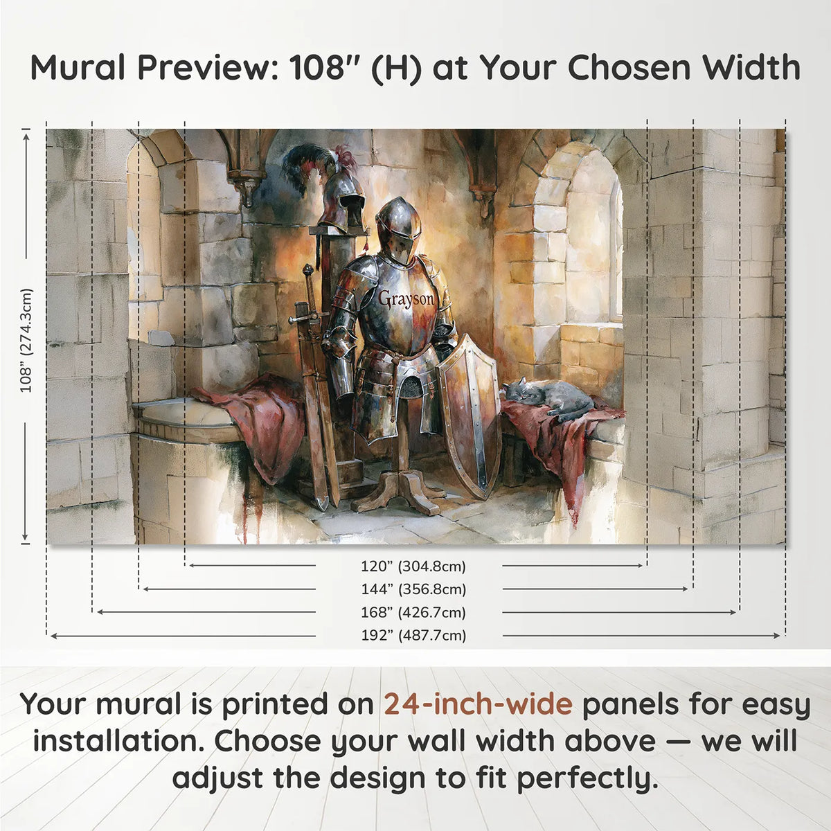 Panel layout and dimensions for Knight Armour Breastplate Personalized Wall Mural by Whimsy Tots