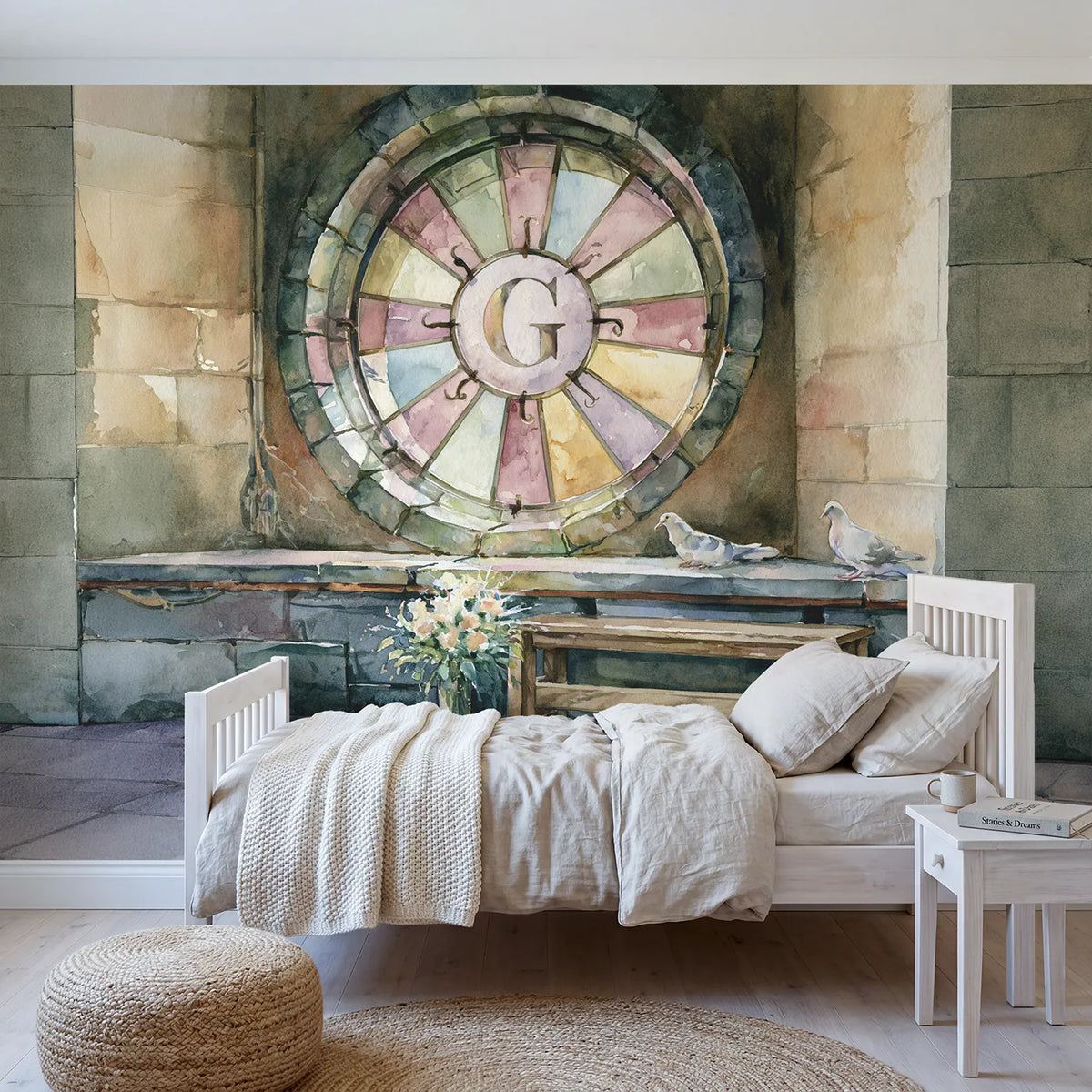 Watercolor castle rose window personalized wall mural with leaded stained glass initial by Whimsy Tots