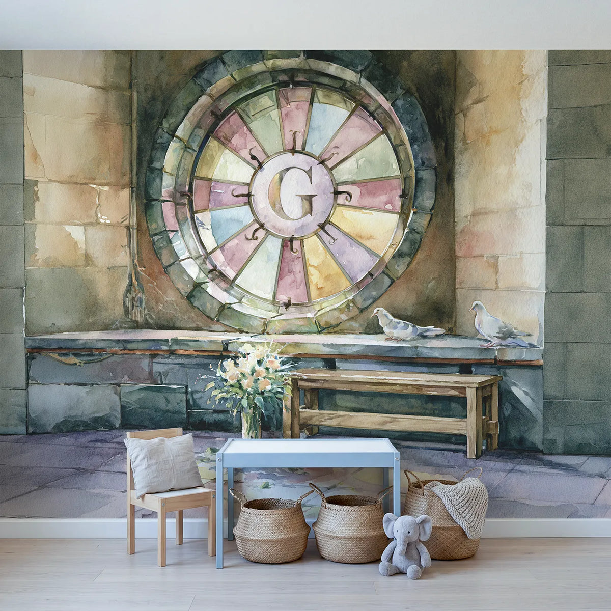 Castle Rose Window Personalized Wall Mural in playroom setting by Whimsy Tots