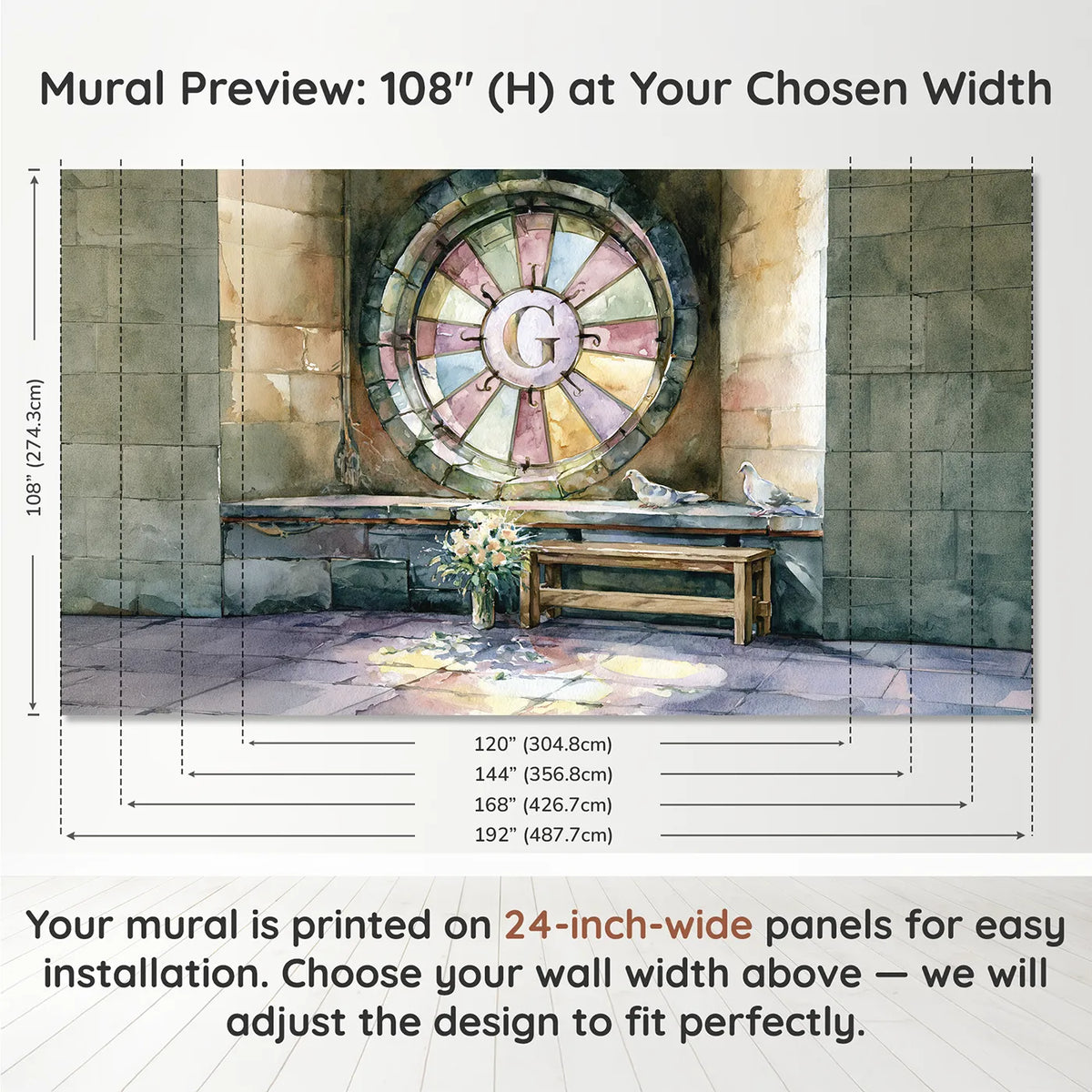 Panel layout and dimensions for Castle Rose Window Personalized Wall Mural by Whimsy Tots
