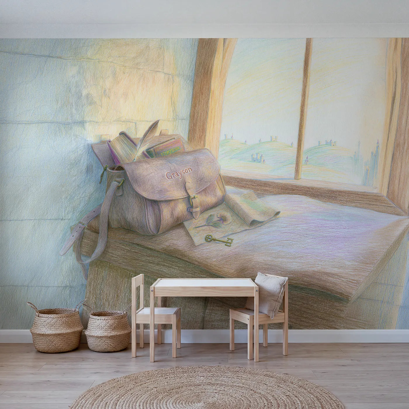 Colored pencil royal satchel personalized wall mural with tooled leather flap by Whimsy Tots