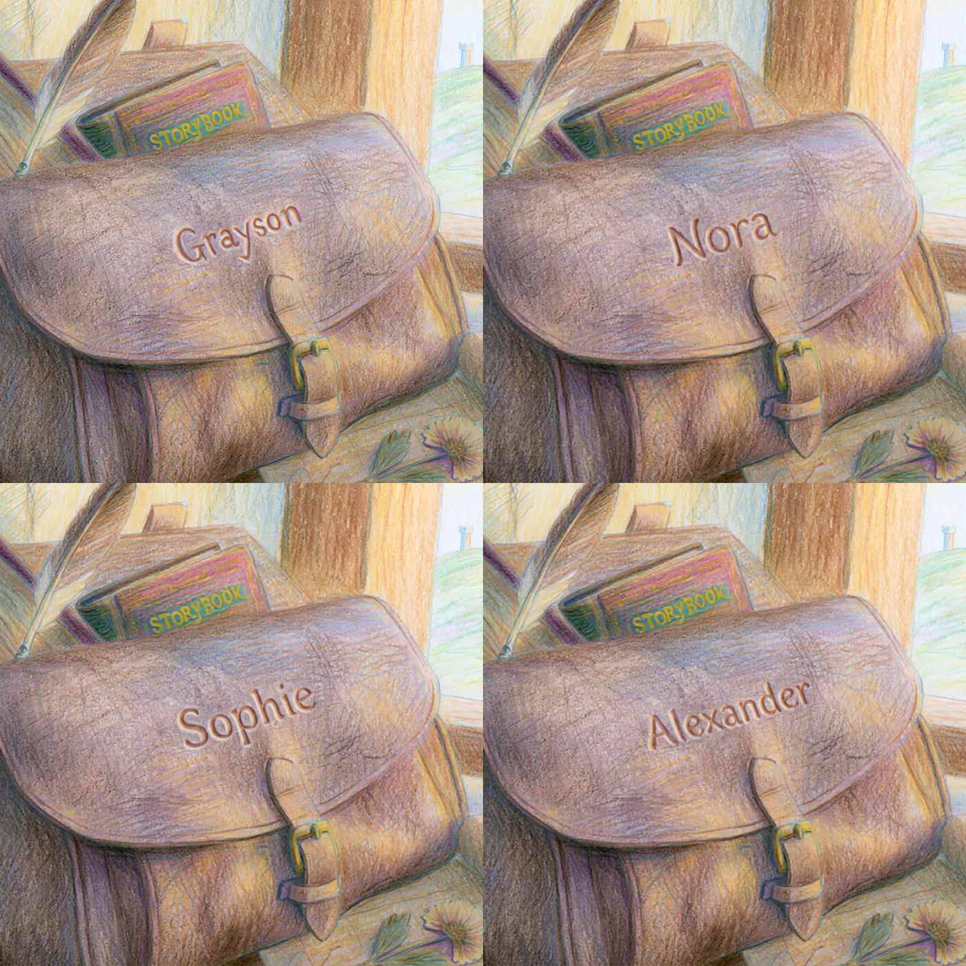 Four name preview examples of Royal Storybook Satchel Personalized Wall Mural by Whimsy Tots