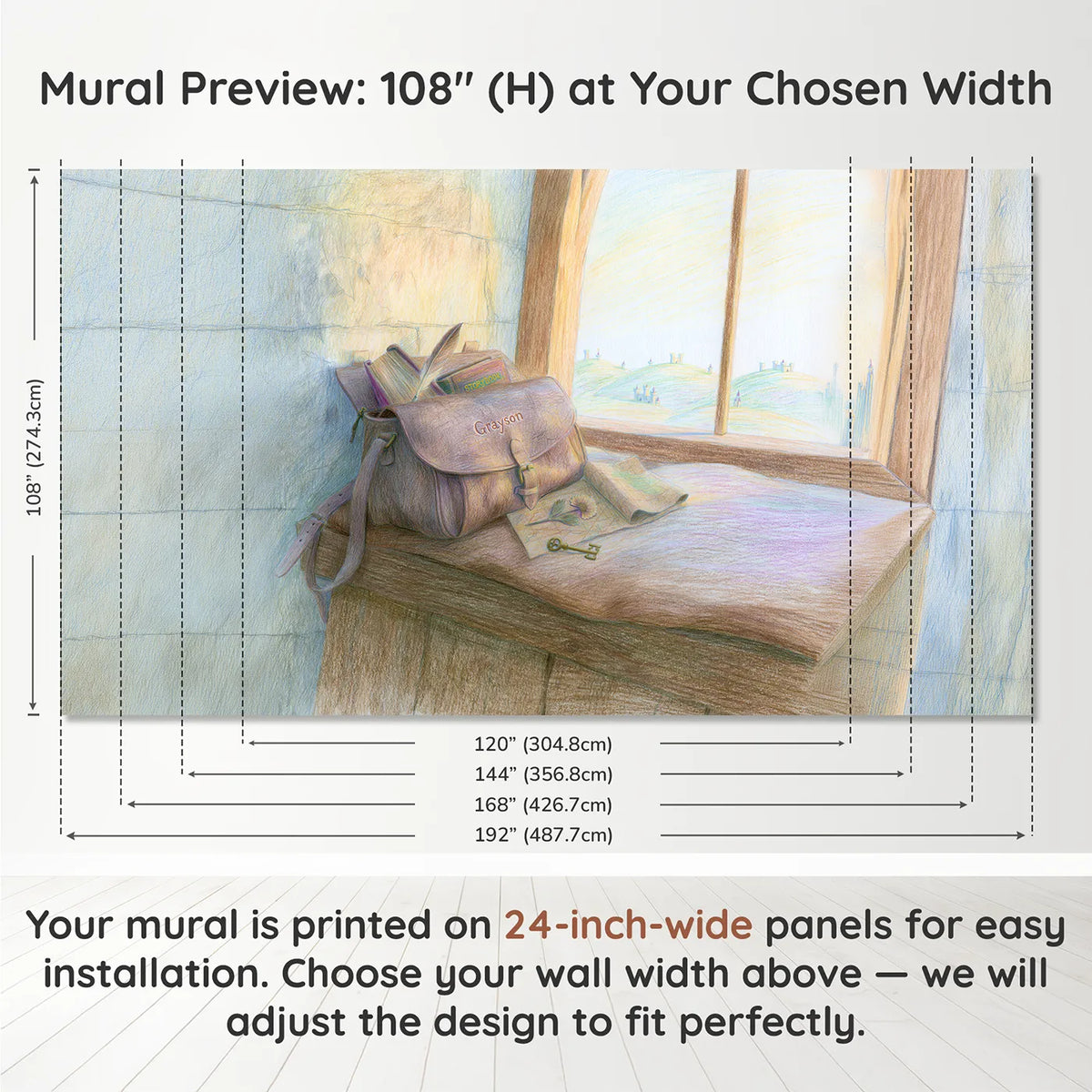 Panel layout and dimensions for Royal Storybook Satchel Personalized Wall Mural by Whimsy Tots
