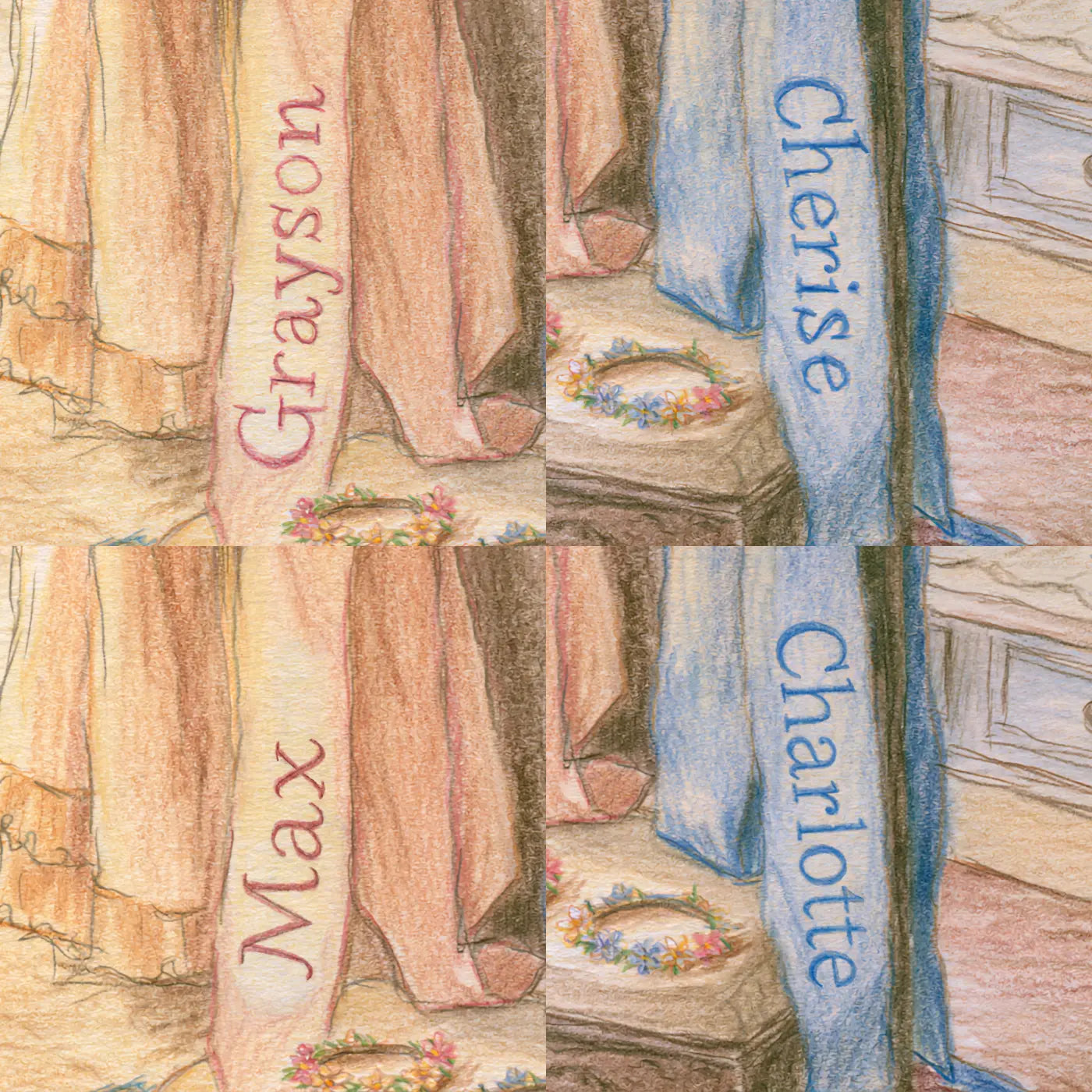 Four name preview examples of Two Princess Sashes Personalized Wall Mural by Whimsy Tots