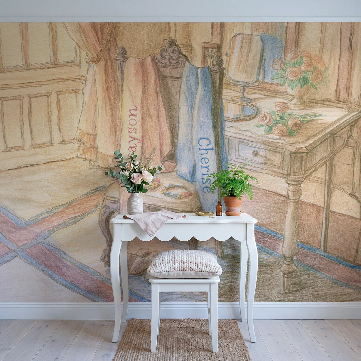 Two Princess Sashes Personalized Wall Mural in playroom setting by Whimsy Tots