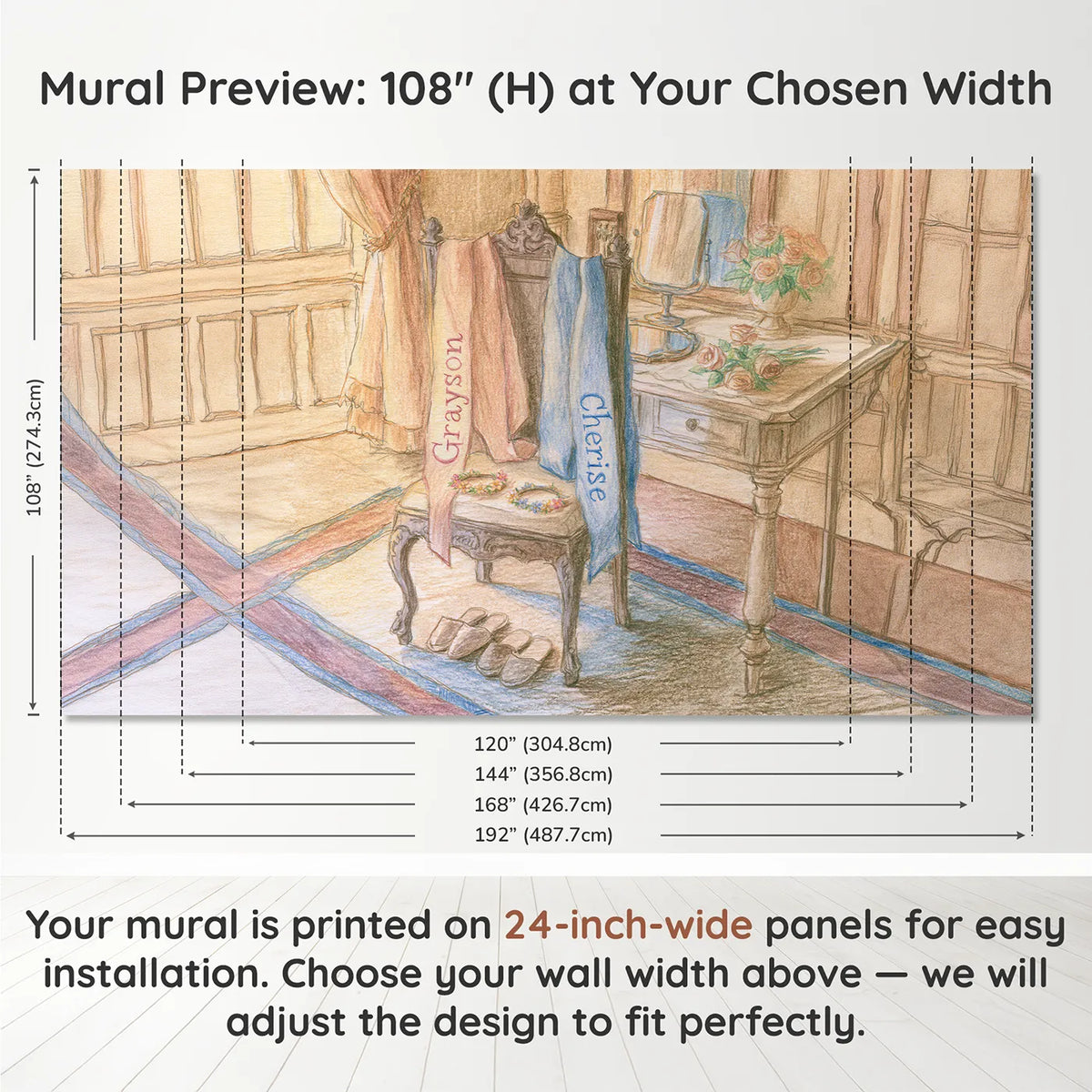 Panel layout and dimensions for Two Princess Sashes Personalized Wall Mural by Whimsy Tots