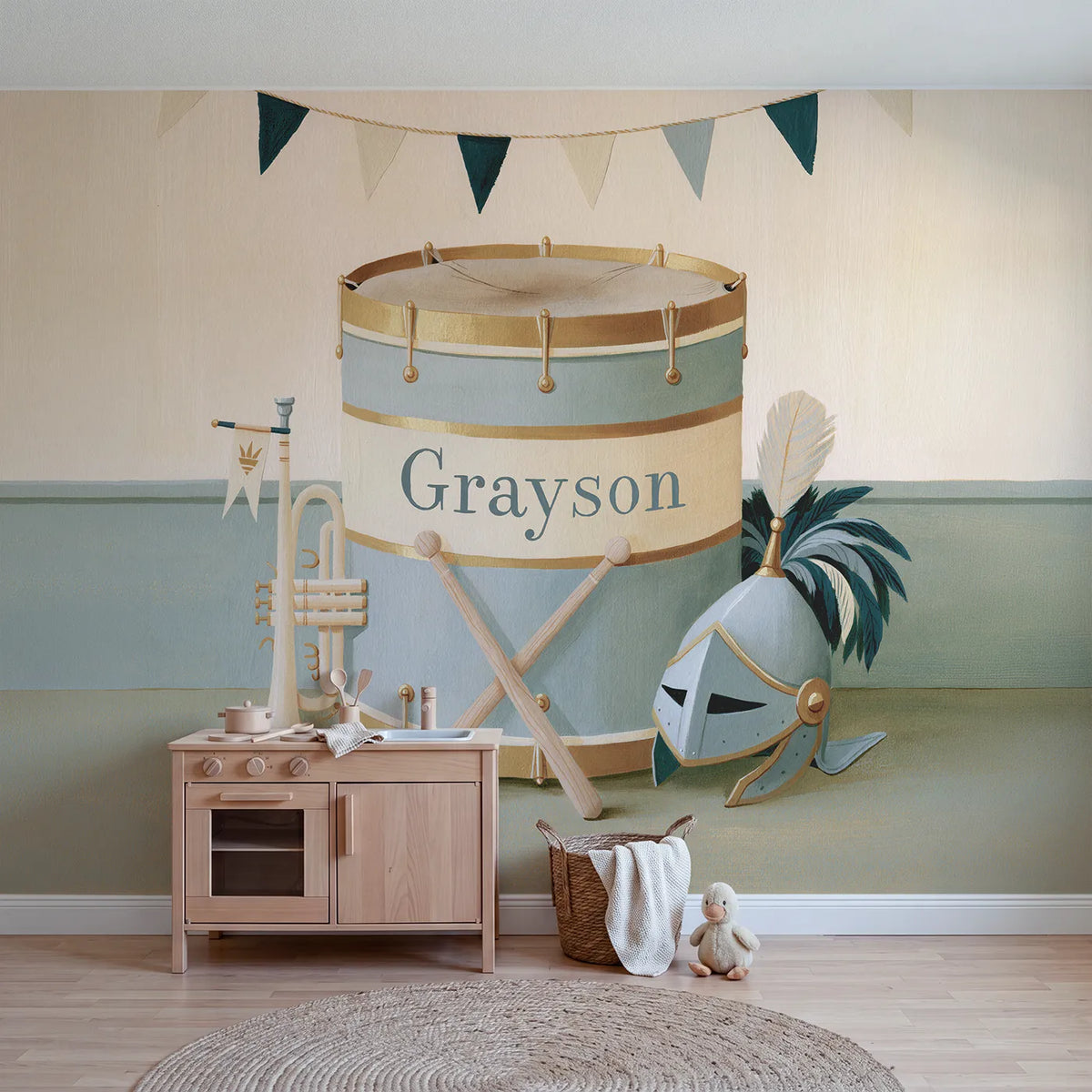 Modern illustration herald drum personalized wall mural with painted name band by Whimsy Tots