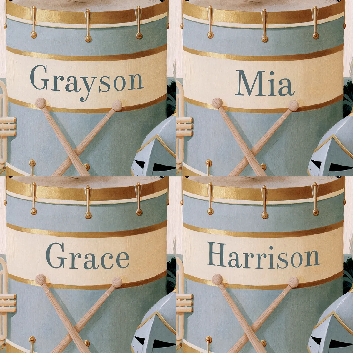 Four name preview examples of Flat Castle Drum Personalized Wall Mural by Whimsy Tots