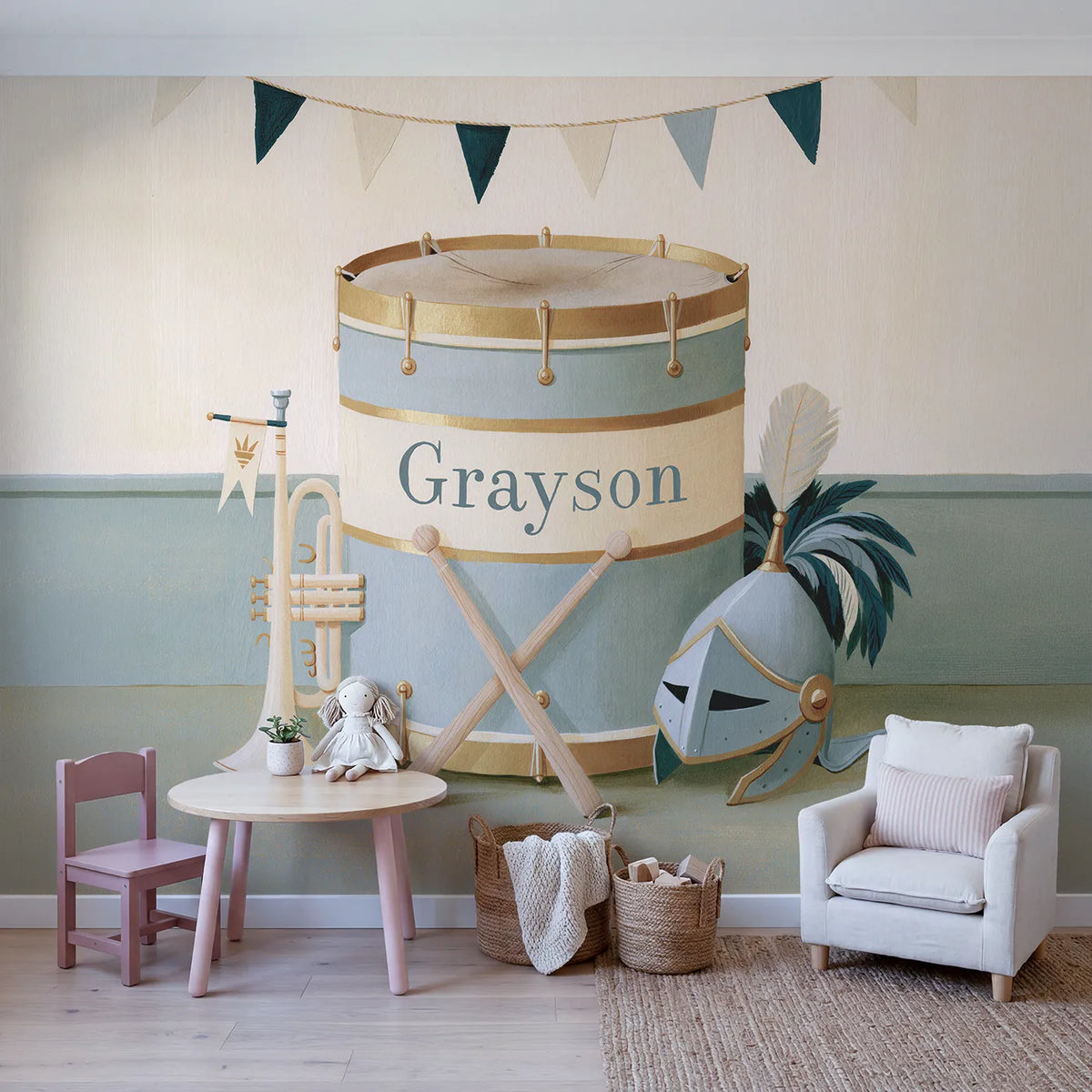 Flat Castle Drum Personalized Wall Mural in playroom setting by Whimsy Tots