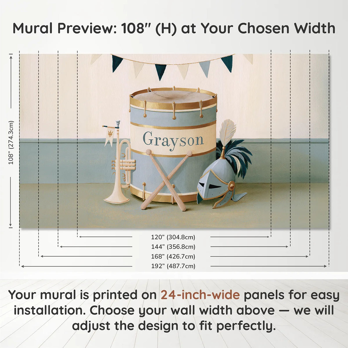 Panel layout and dimensions for Flat Castle Drum Personalized Wall Mural by Whimsy Tots