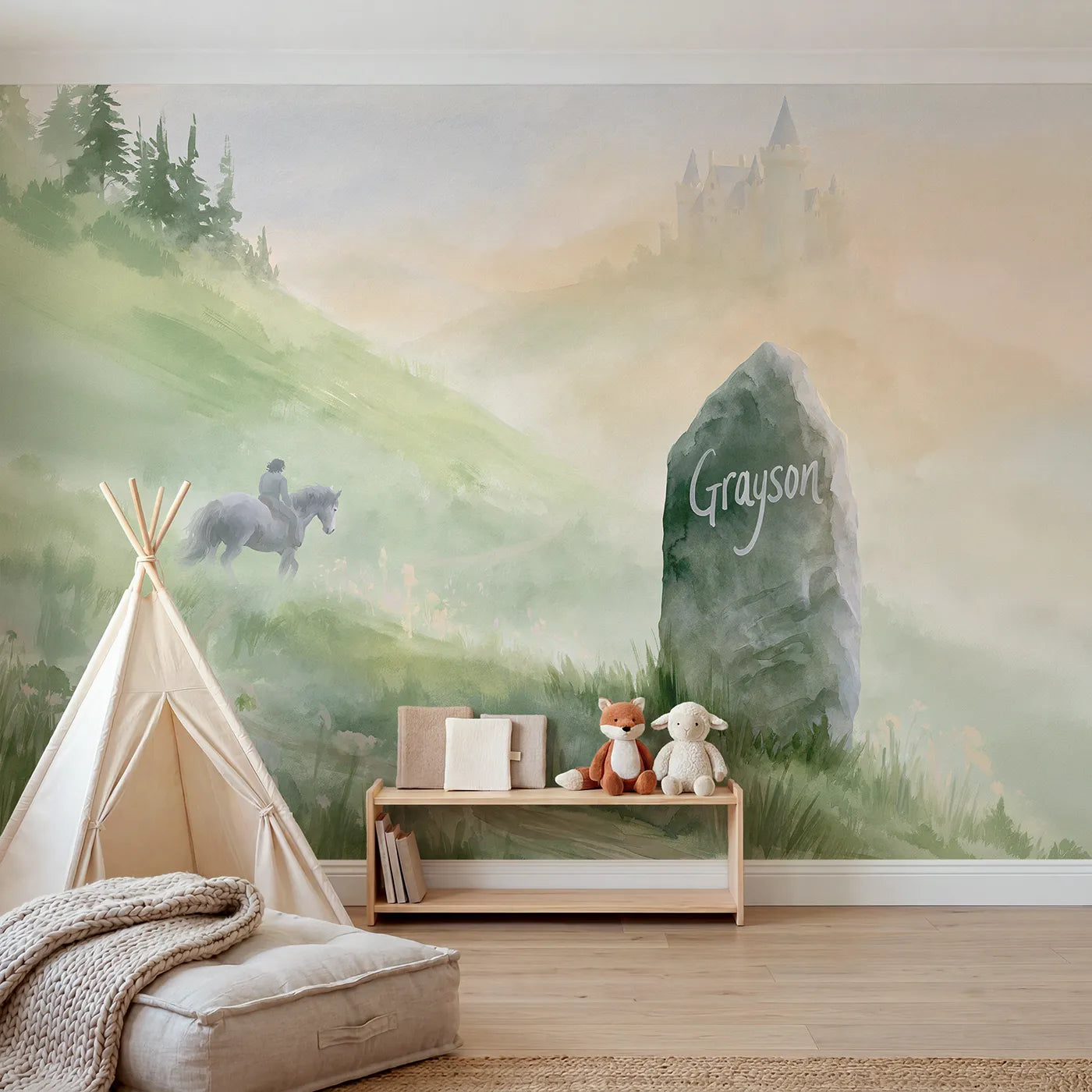Watercolor misty castle standing stone personalized wall mural with carved bold script by Whimsy Tots