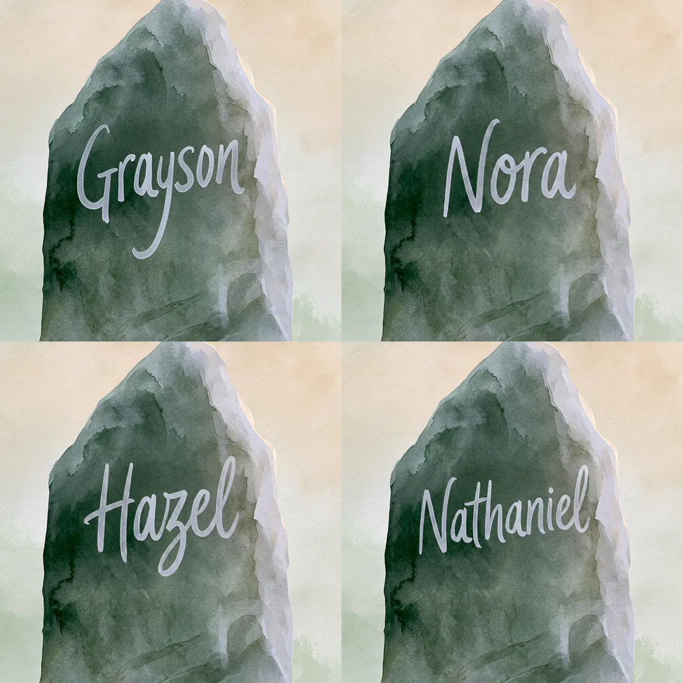 Four name preview examples of Misty Castle Standing Stone Personalized Wall Mural by Whimsy Tots
