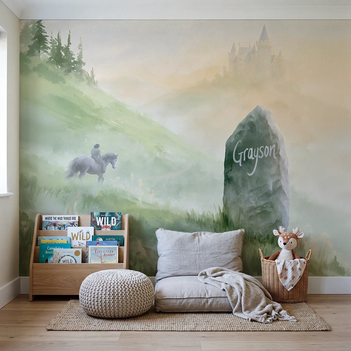 Misty Castle Standing Stone Personalized Wall Mural in playroom setting by Whimsy Tots