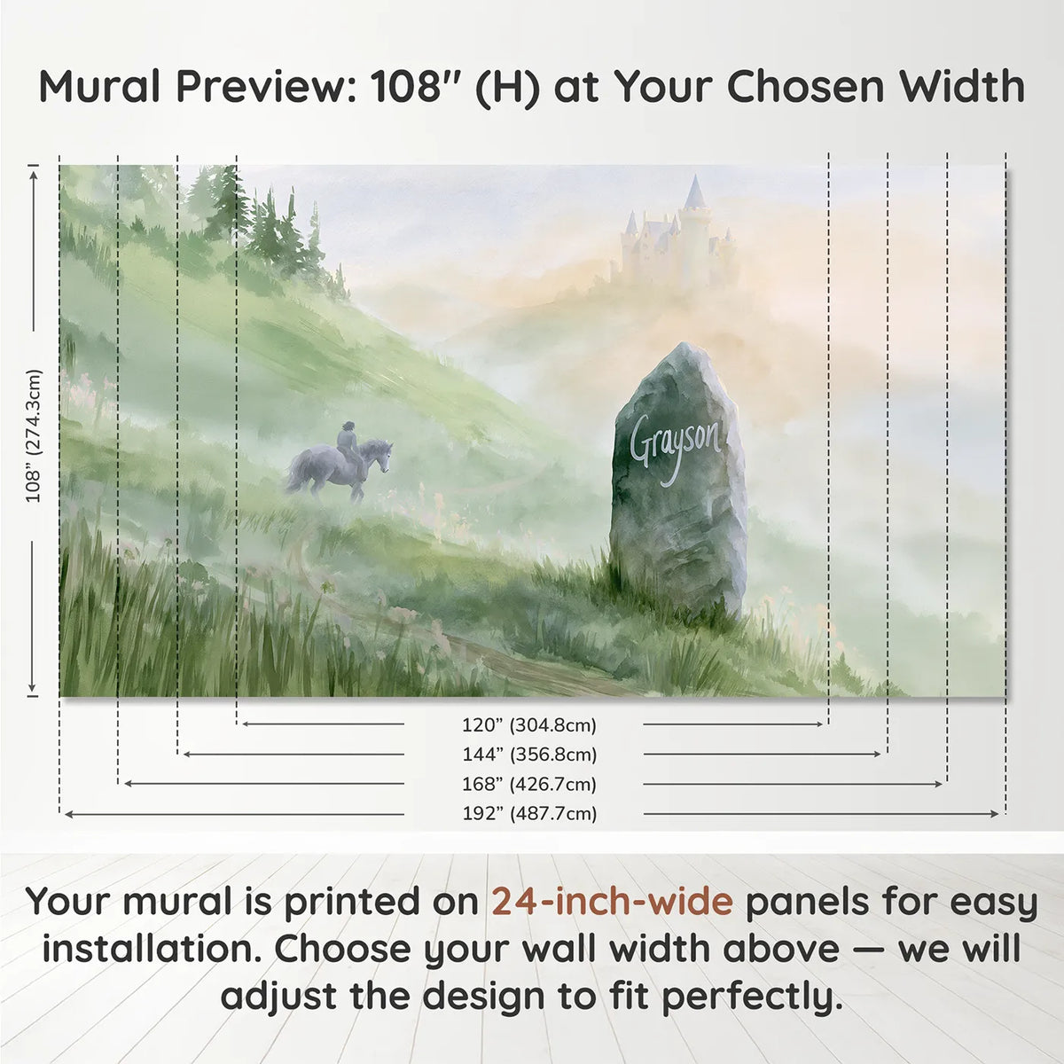 Panel layout and dimensions for Misty Castle Standing Stone Personalized Wall Mural by Whimsy Tots