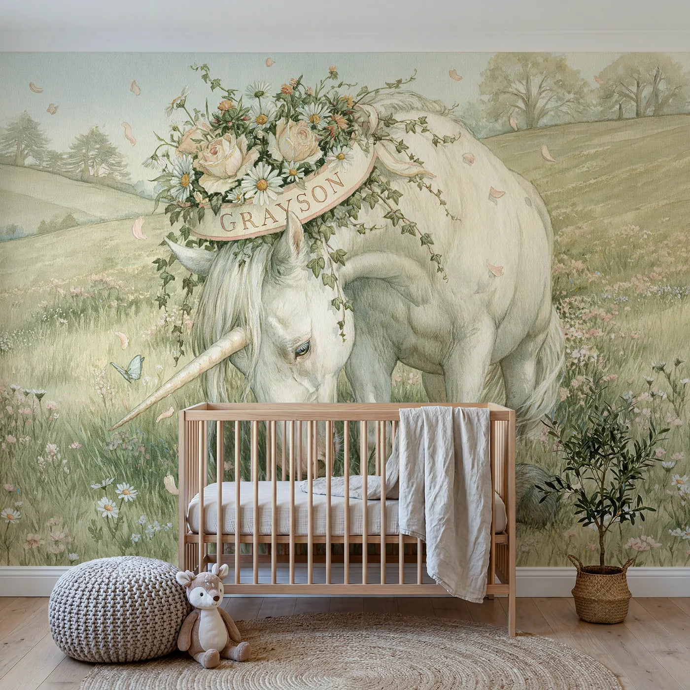 Storybook unicorn flower crown personalized wall mural with woven ribbon name by Whimsy Tots