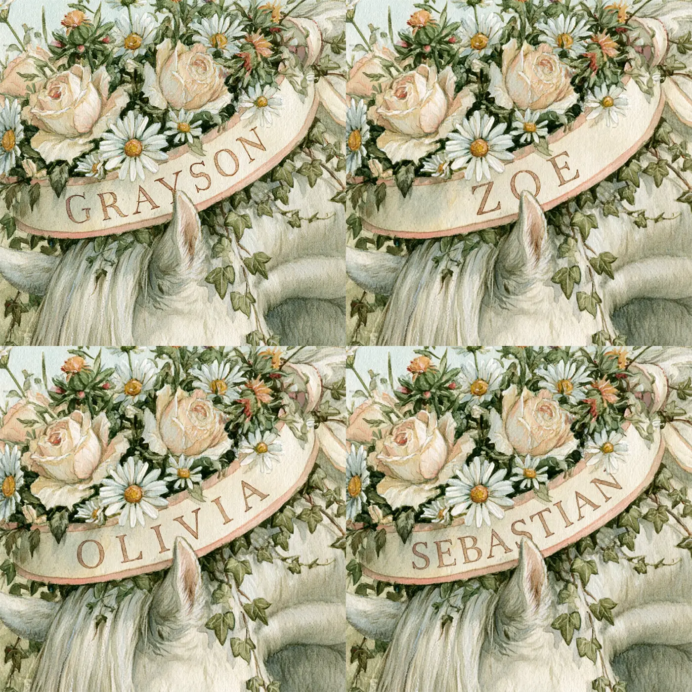 Four name preview examples of Unicorn Blossom Crown Personalized Wall Mural by Whimsy Tots