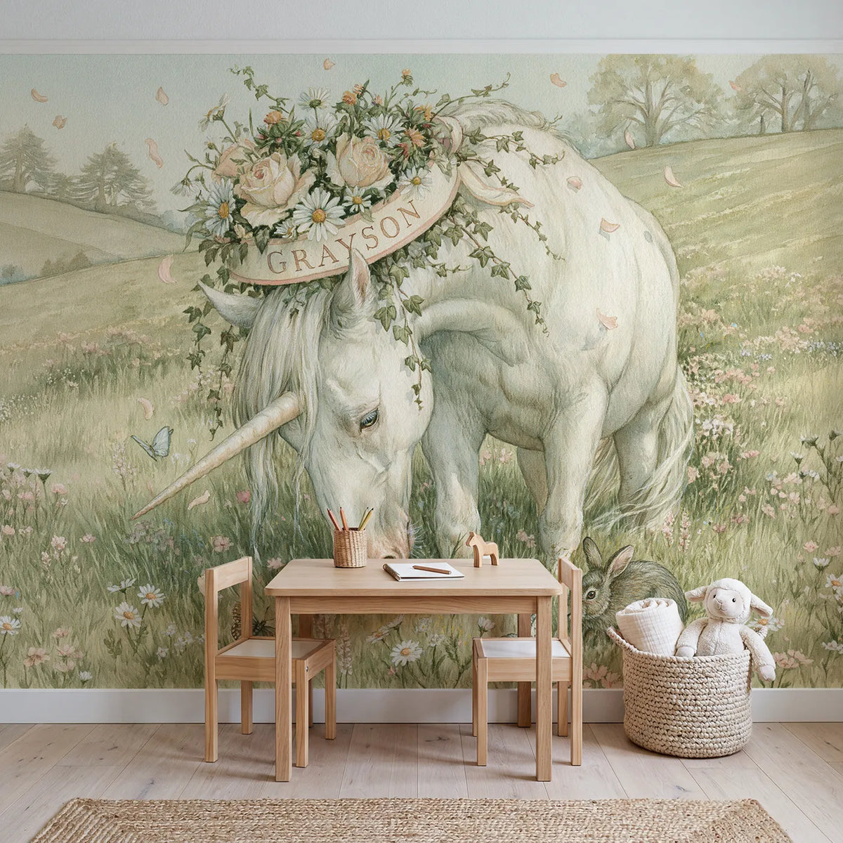 Unicorn Blossom Crown Personalized Wall Mural in playroom setting by Whimsy Tots