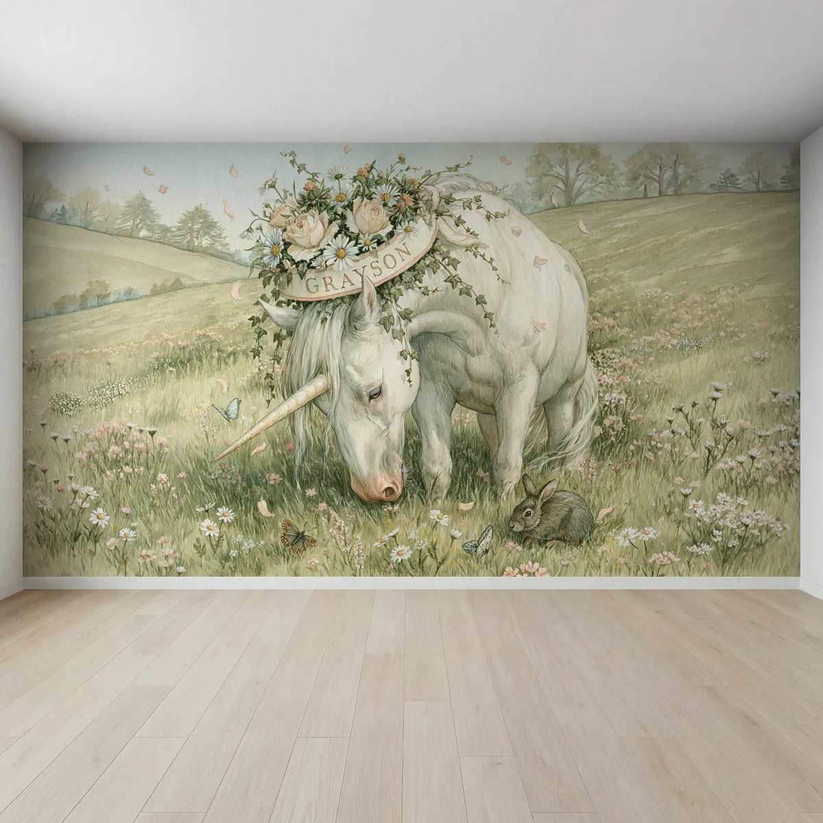 Full view of Unicorn Blossom Crown Personalized Wall Mural by Whimsy Tots