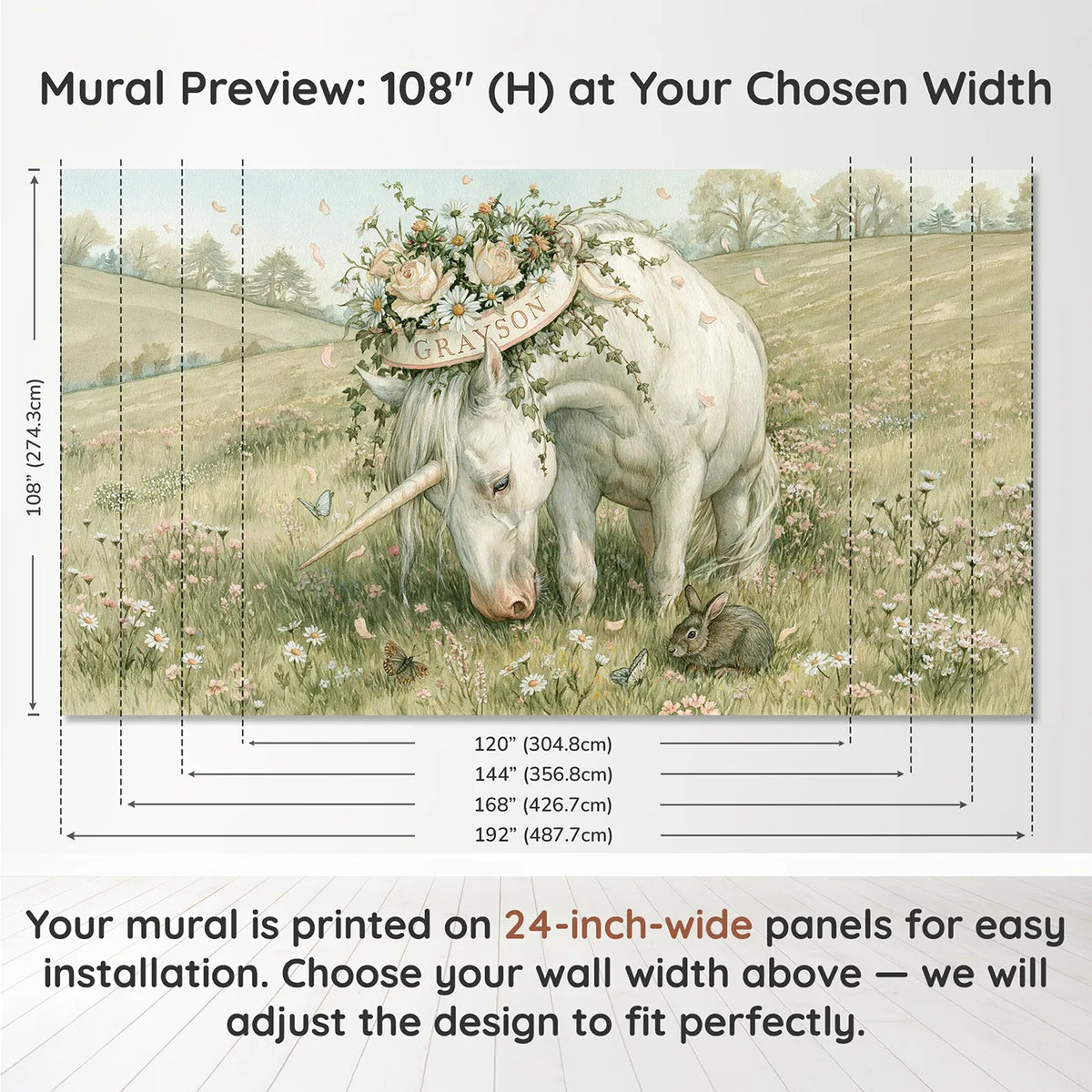 Panel layout and dimensions for Unicorn Blossom Crown Personalized Wall Mural by Whimsy Tots