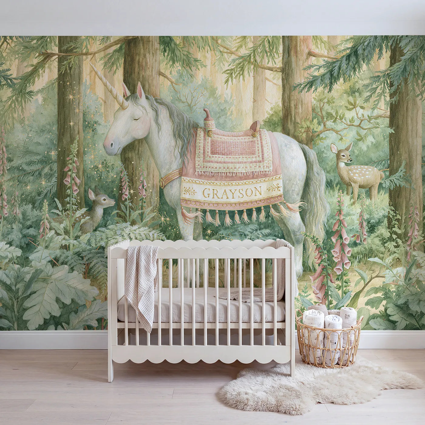 Storybook unicorn saddle blanket personalized wall mural with gold embroidered hem by Whimsy Tots