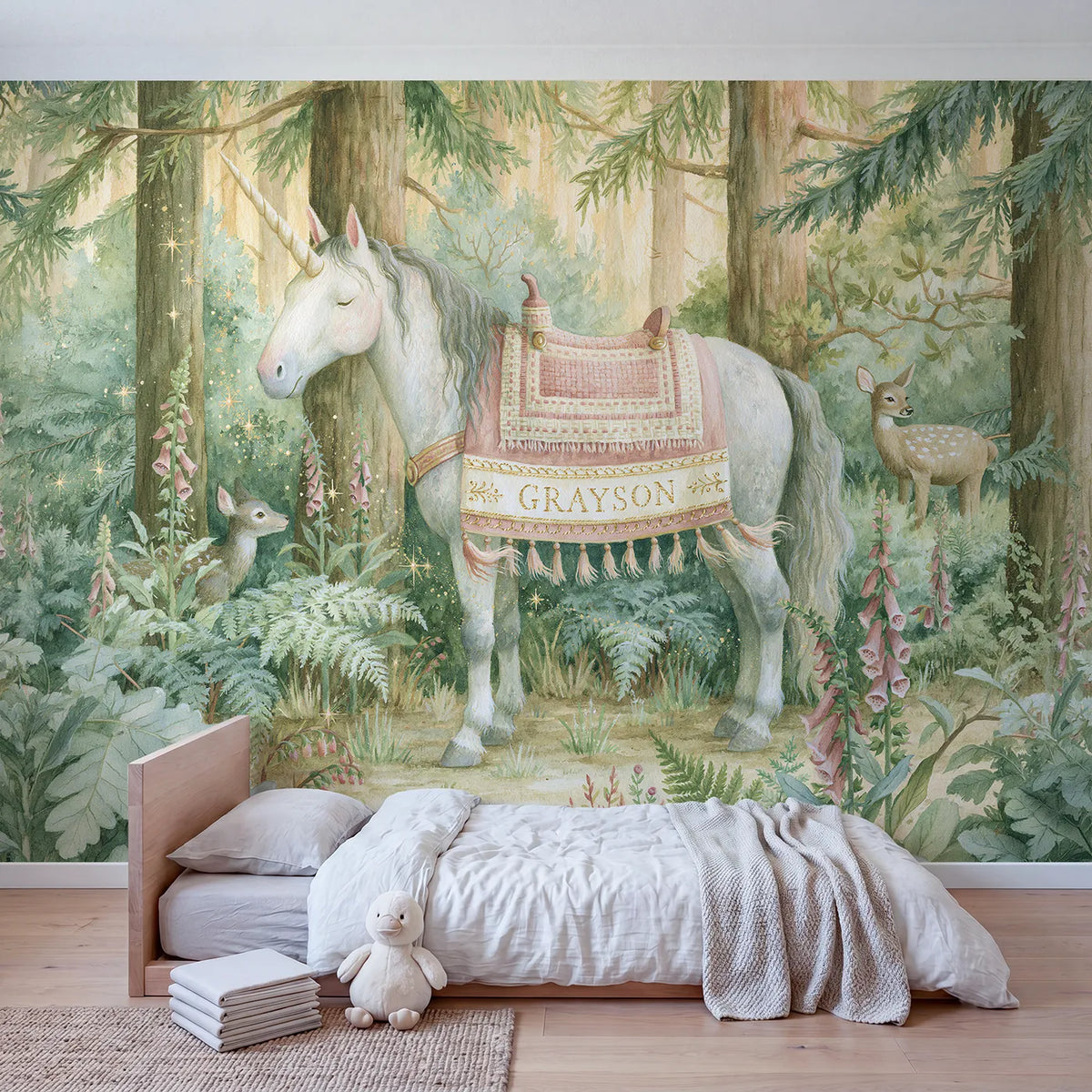 Unicorn Saddle Blanket Personalized Wall Mural in playroom setting by Whimsy Tots