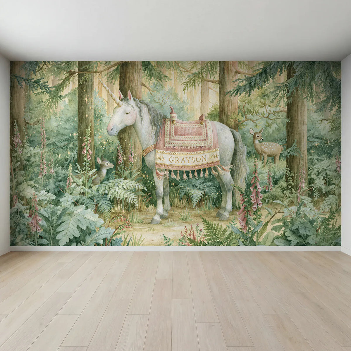 Full view of Unicorn Saddle Blanket Personalized Wall Mural by Whimsy Tots