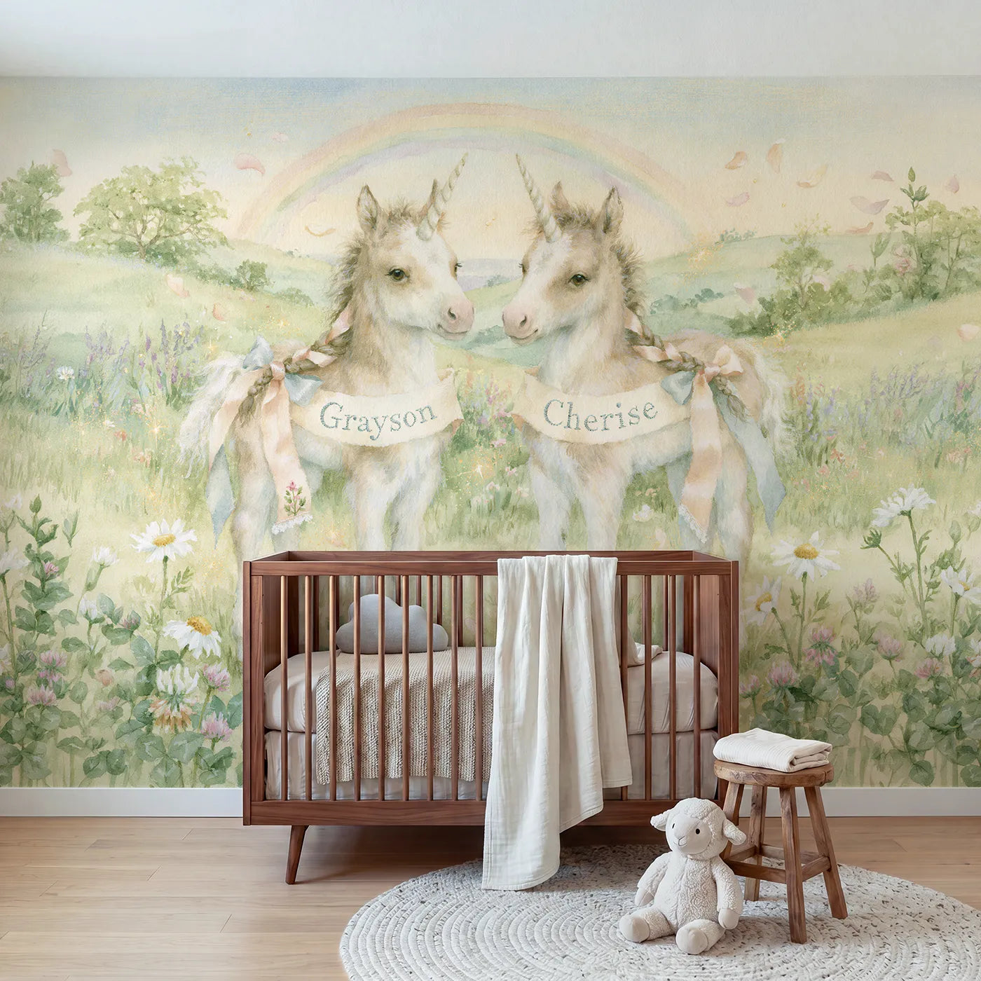 Storybook two unicorn foals personalized wall mural with embroidered mane ribbons by Whimsy Tots