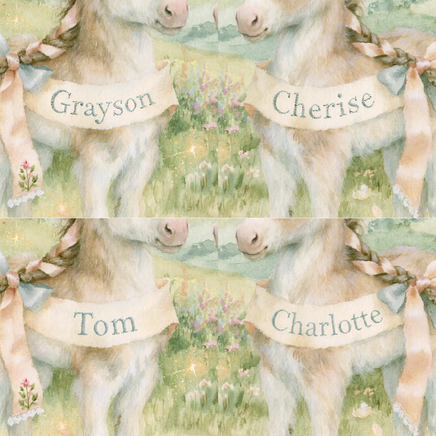Four name preview examples of Two Unicorn Foals Personalized Wall Mural by Whimsy Tots