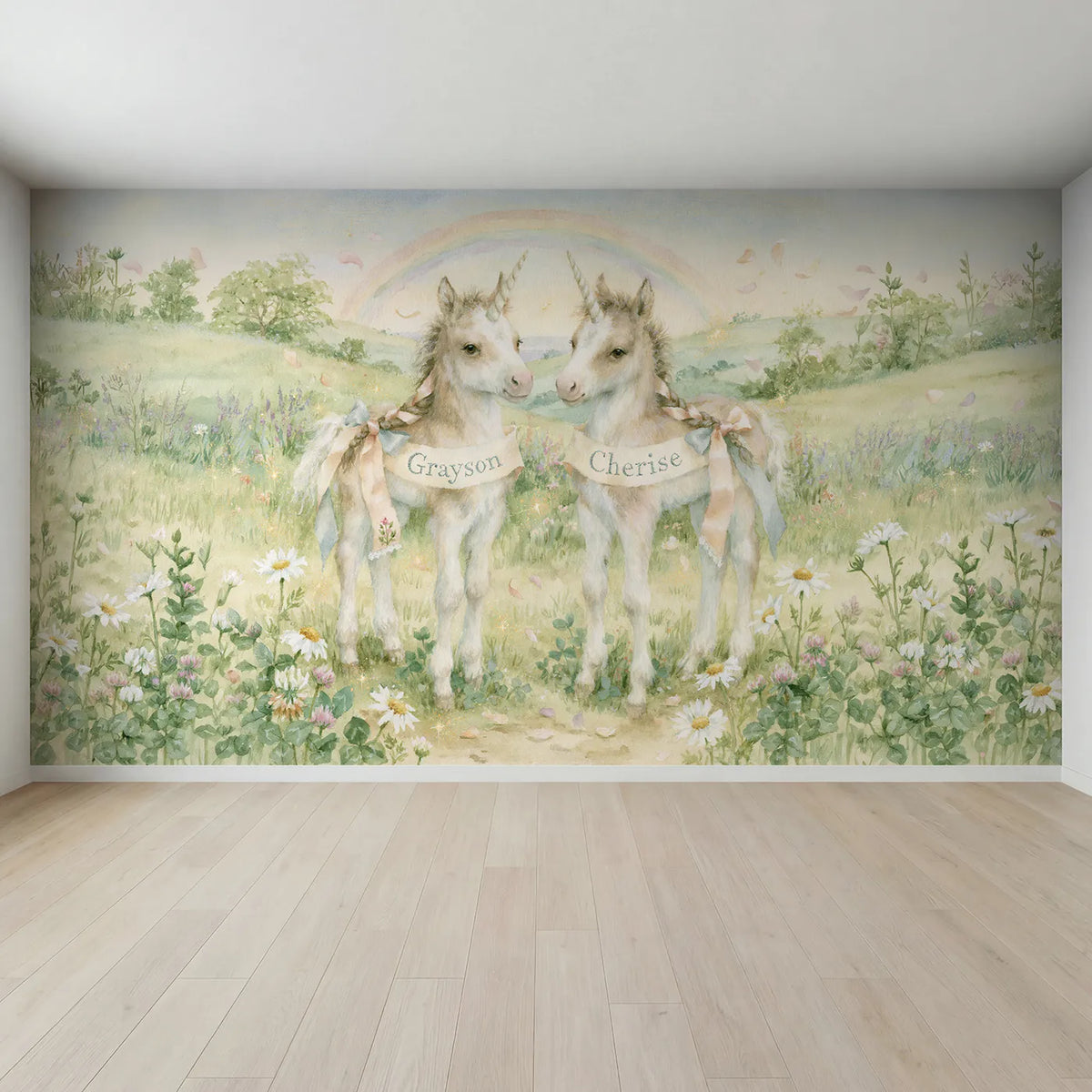 Full view of Two Unicorn Foals Personalized Wall Mural by Whimsy Tots