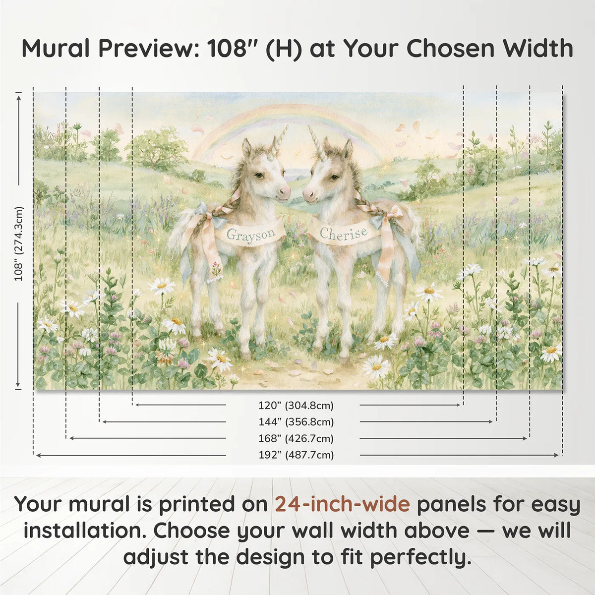 Panel layout and dimensions for Two Unicorn Foals Personalized Wall Mural by Whimsy Tots