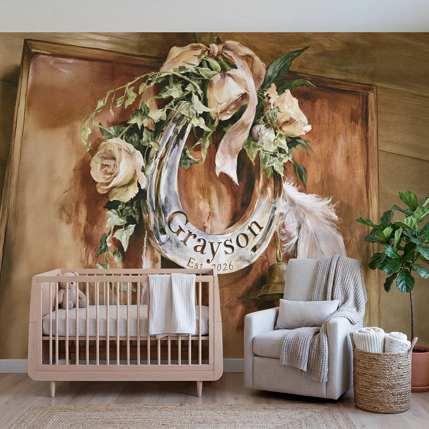 Watercolor silver horseshoe personalized wall mural with engraved name and date by Whimsy Tots