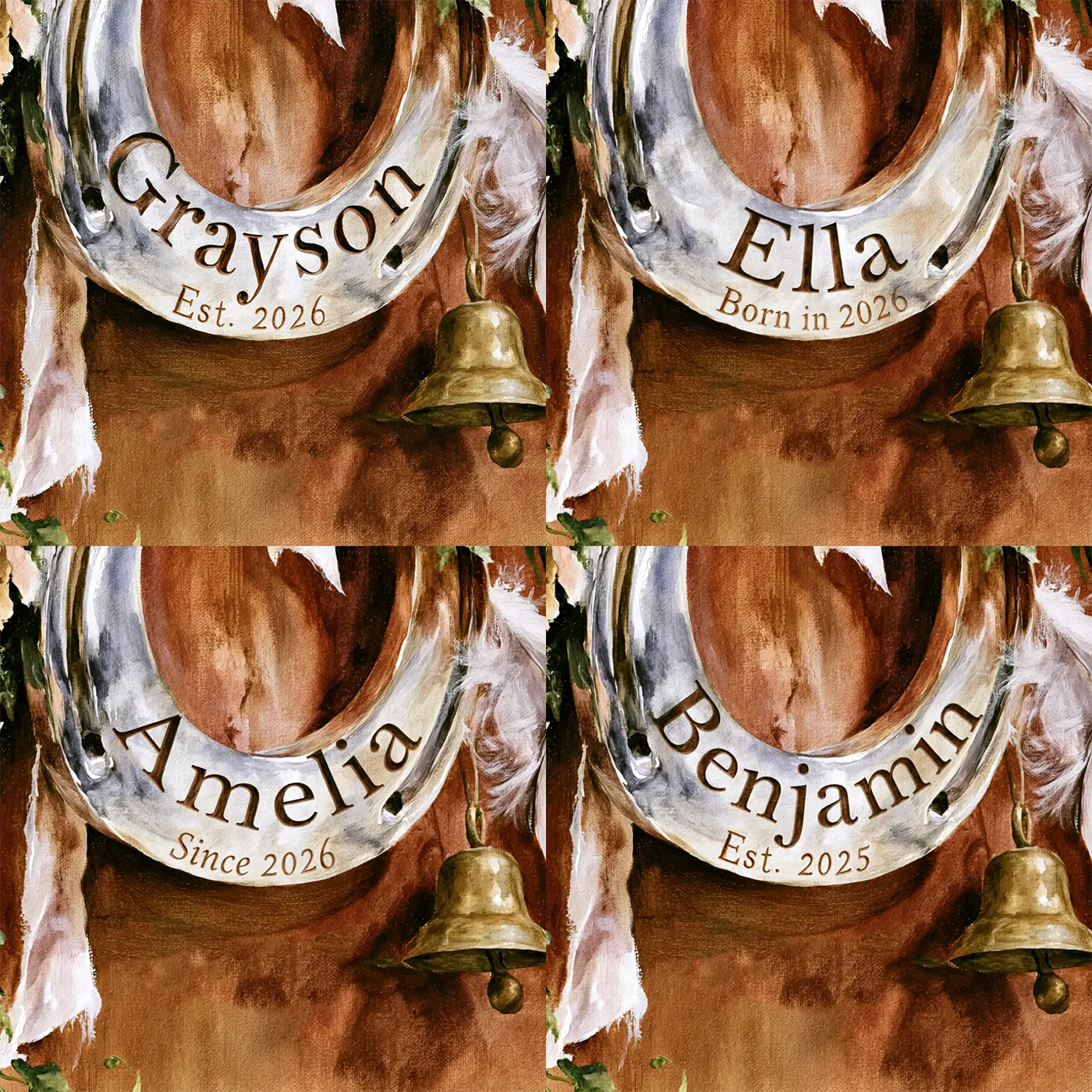 Four name preview examples of Silver Horseshoe Keepsake Personalized Wall Mural by Whimsy Tots