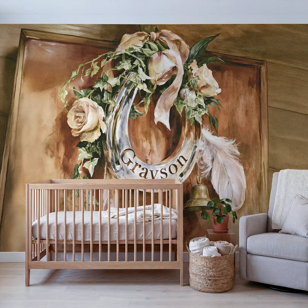 Silver Horseshoe Keepsake Personalized Wall Mural in playroom setting by Whimsy Tots