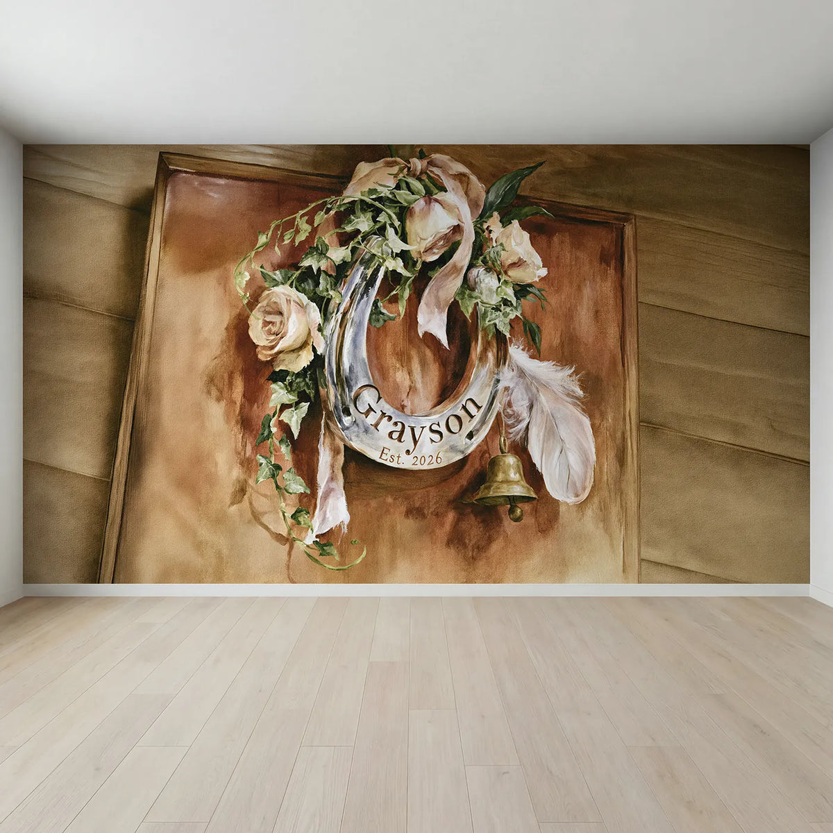 Full view of Silver Horseshoe Keepsake Personalized Wall Mural by Whimsy Tots