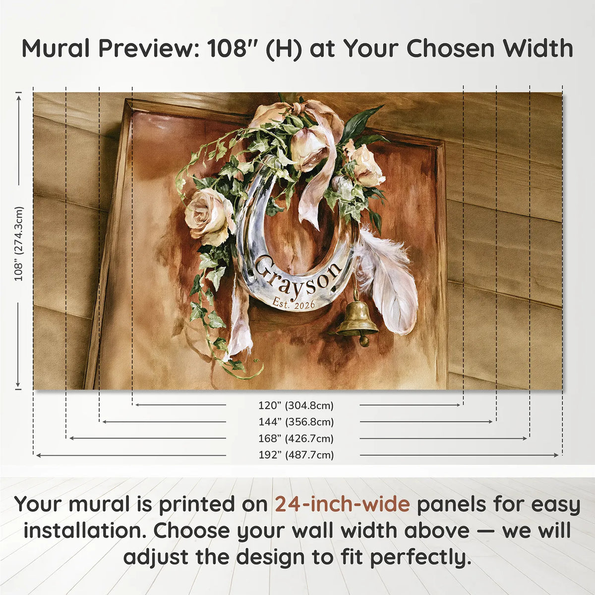Panel layout and dimensions for Silver Horseshoe Keepsake Personalized Wall Mural by Whimsy Tots