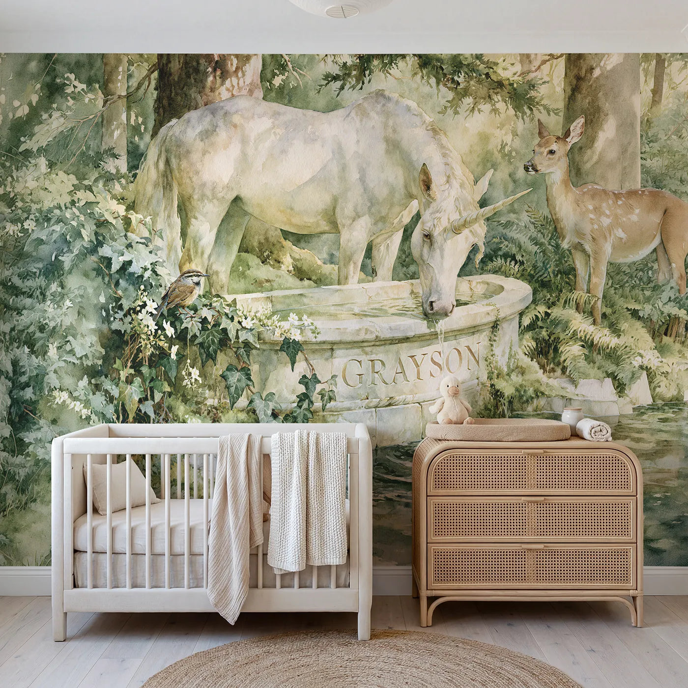 Watercolor unicorn stone trough personalized wall mural with carved rim name by Whimsy Tots