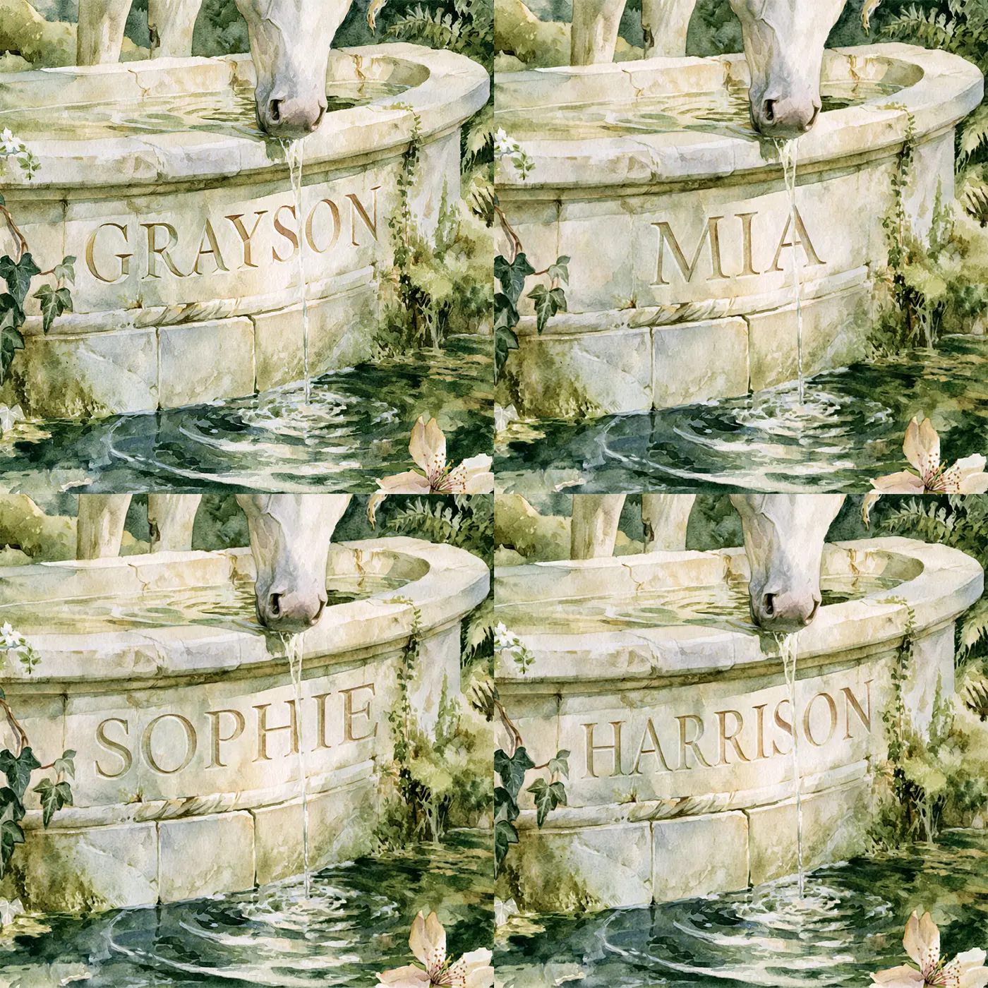 Four name preview examples of Unicorn Water Trough Personalized Wall Mural by Whimsy Tots