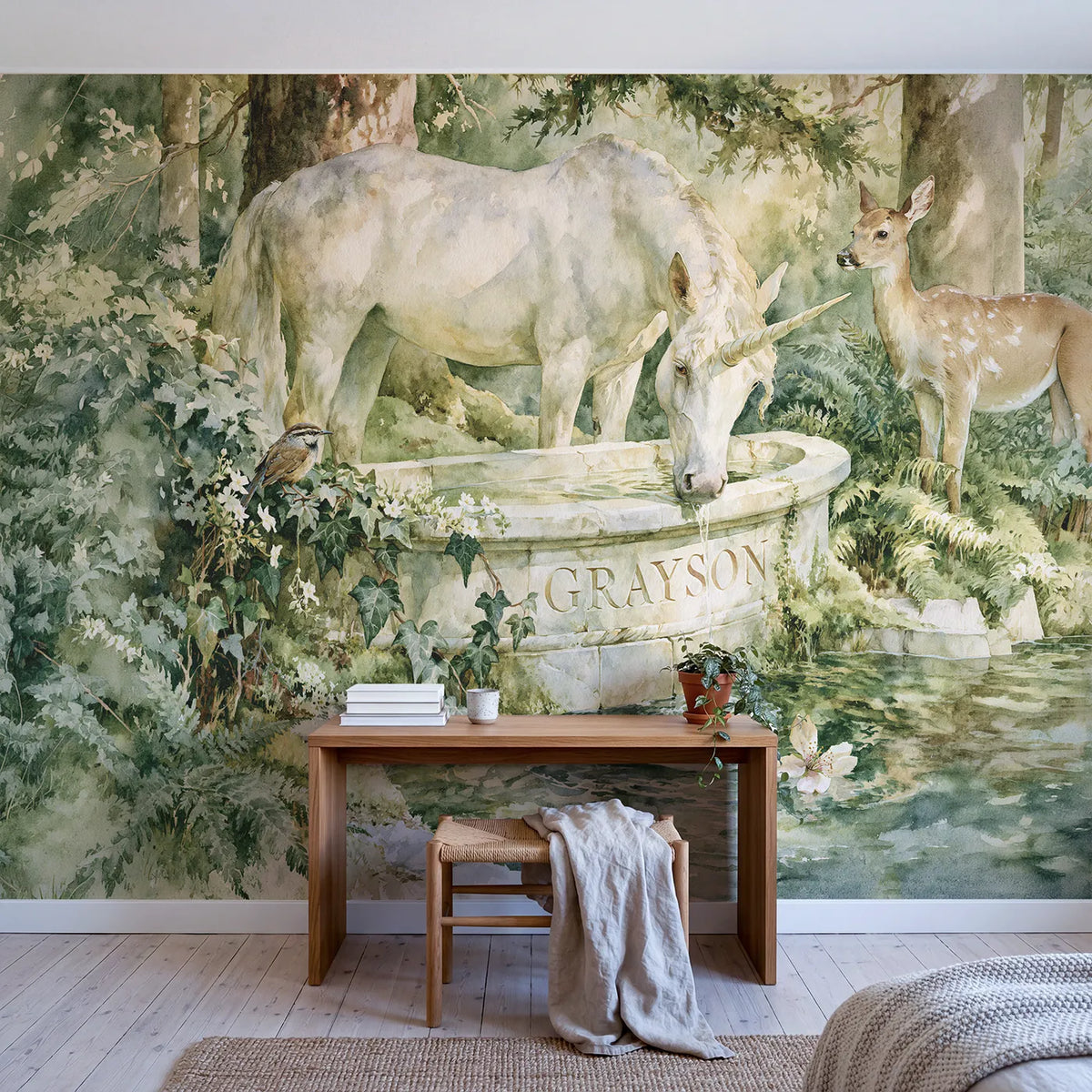 Unicorn Water Trough Personalized Wall Mural in playroom setting by Whimsy Tots
