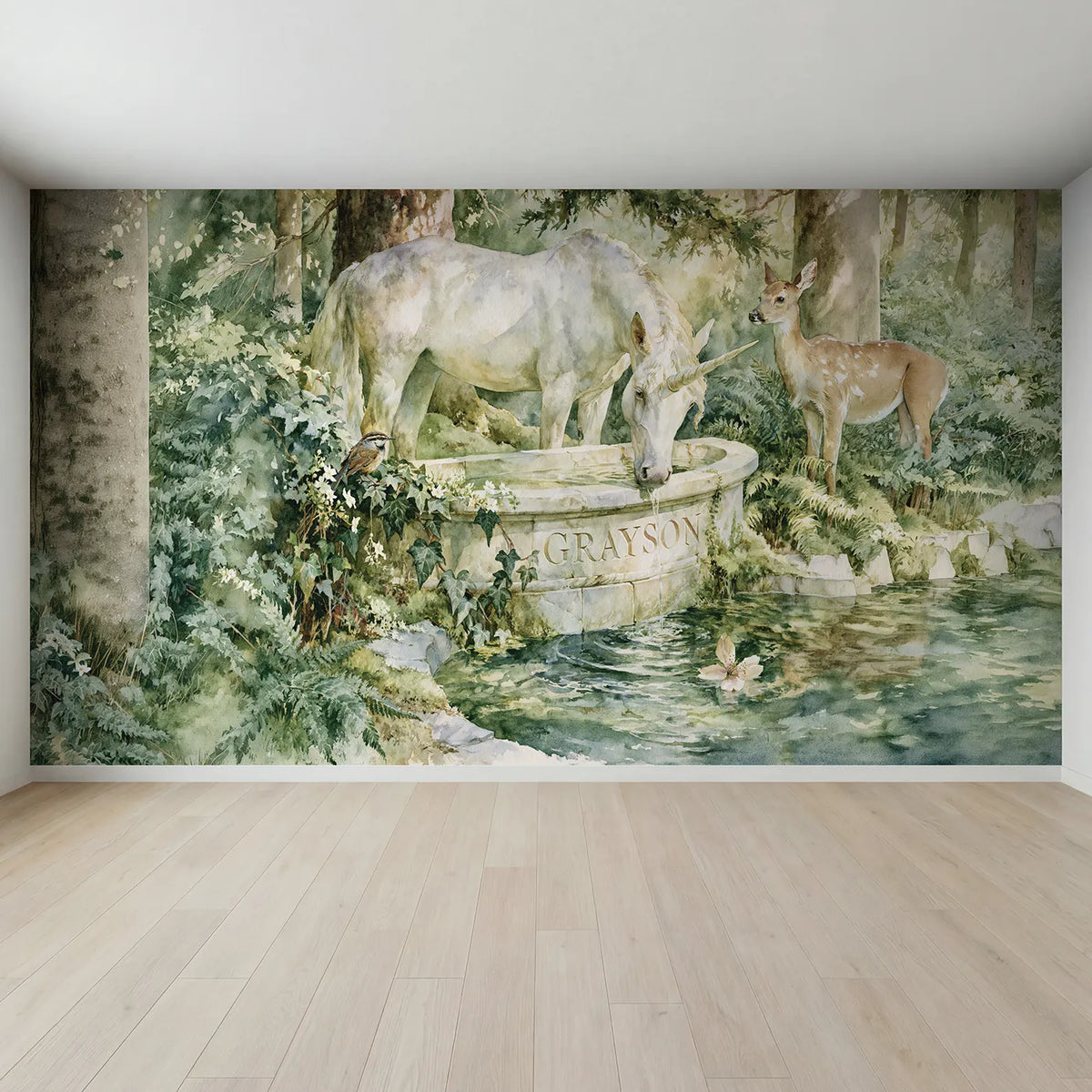 Full view of Unicorn Water Trough Personalized Wall Mural by Whimsy Tots
