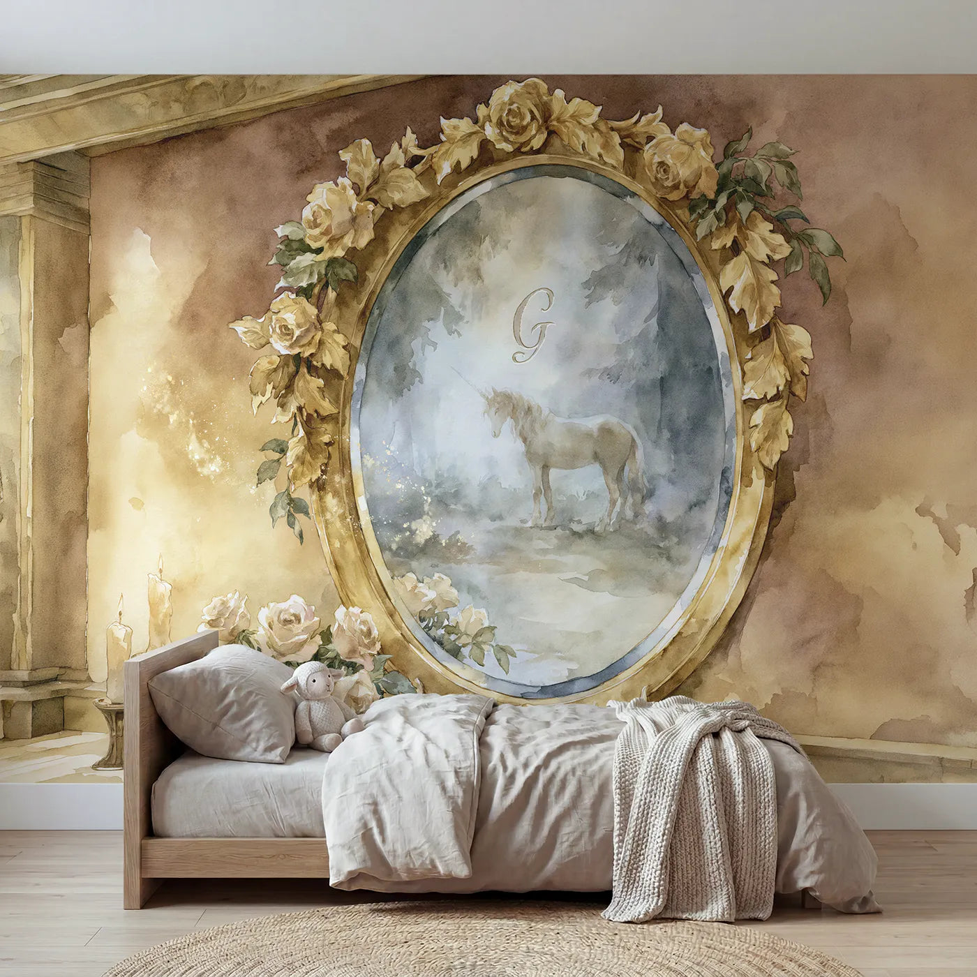 Watercolor gilded oval mirror personalized wall mural with etched glass initial by Whimsy Tots