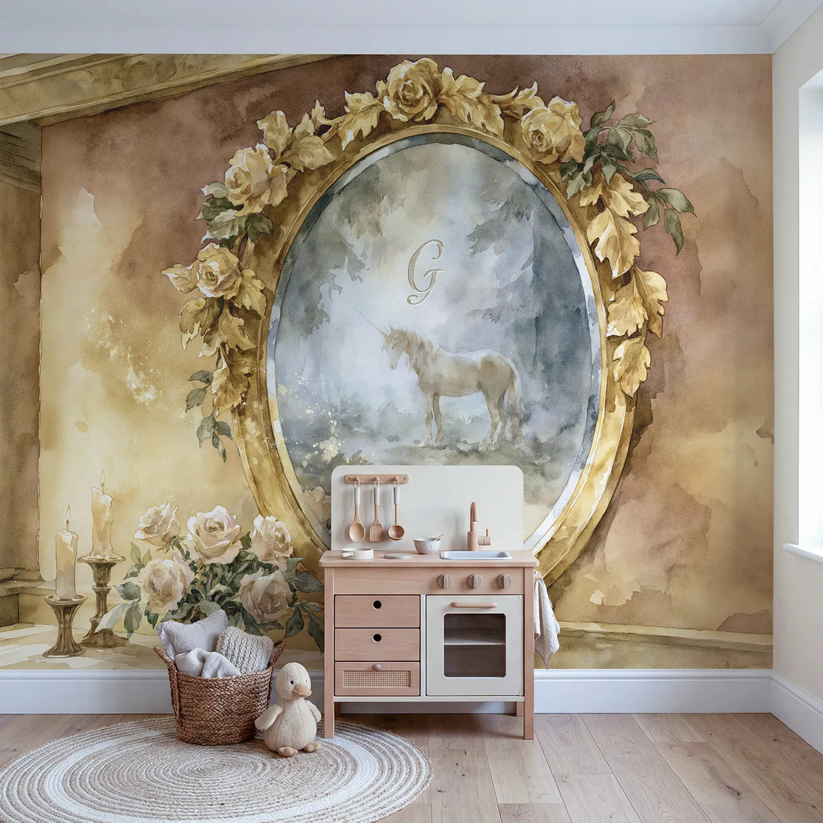 Enchanted Mirror Personalized Wall Mural in playroom setting by Whimsy Tots