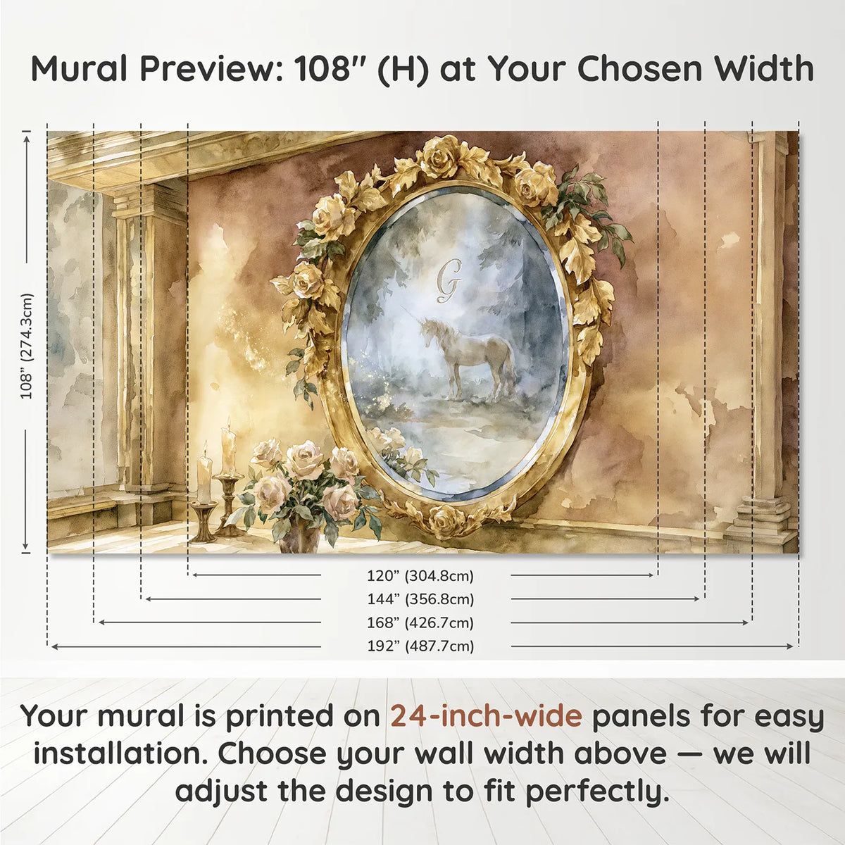 Panel layout and dimensions for Enchanted Mirror Personalized Wall Mural by Whimsy Tots