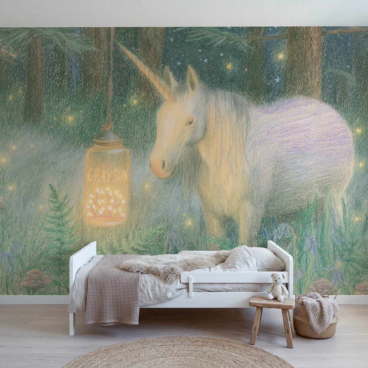 Colored pencil unicorn lantern personalized wall mural with etched glowing pane by Whimsy Tots