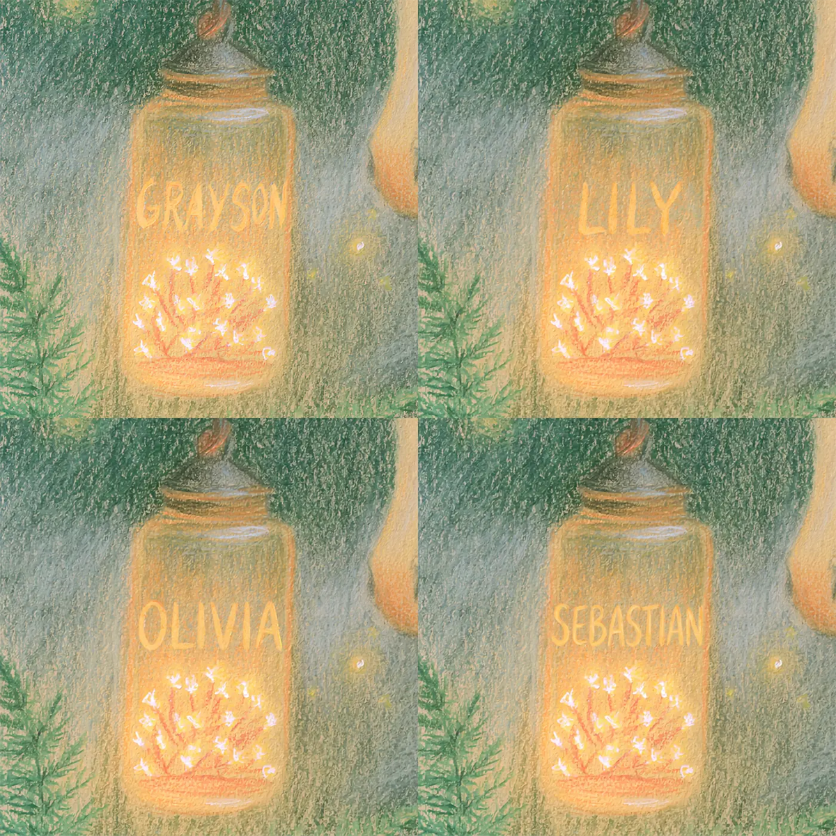 Four name preview examples of Fairy Lantern and Unicorn Personalized Wall Mural by Whimsy Tots