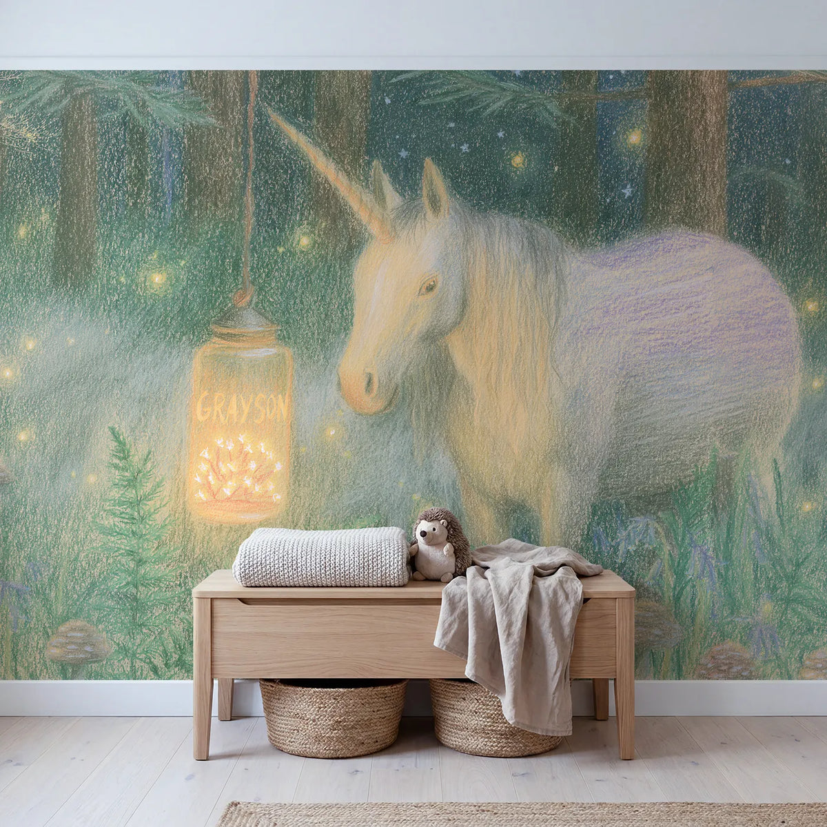 Fairy Lantern and Unicorn Personalized Wall Mural in playroom setting by Whimsy Tots